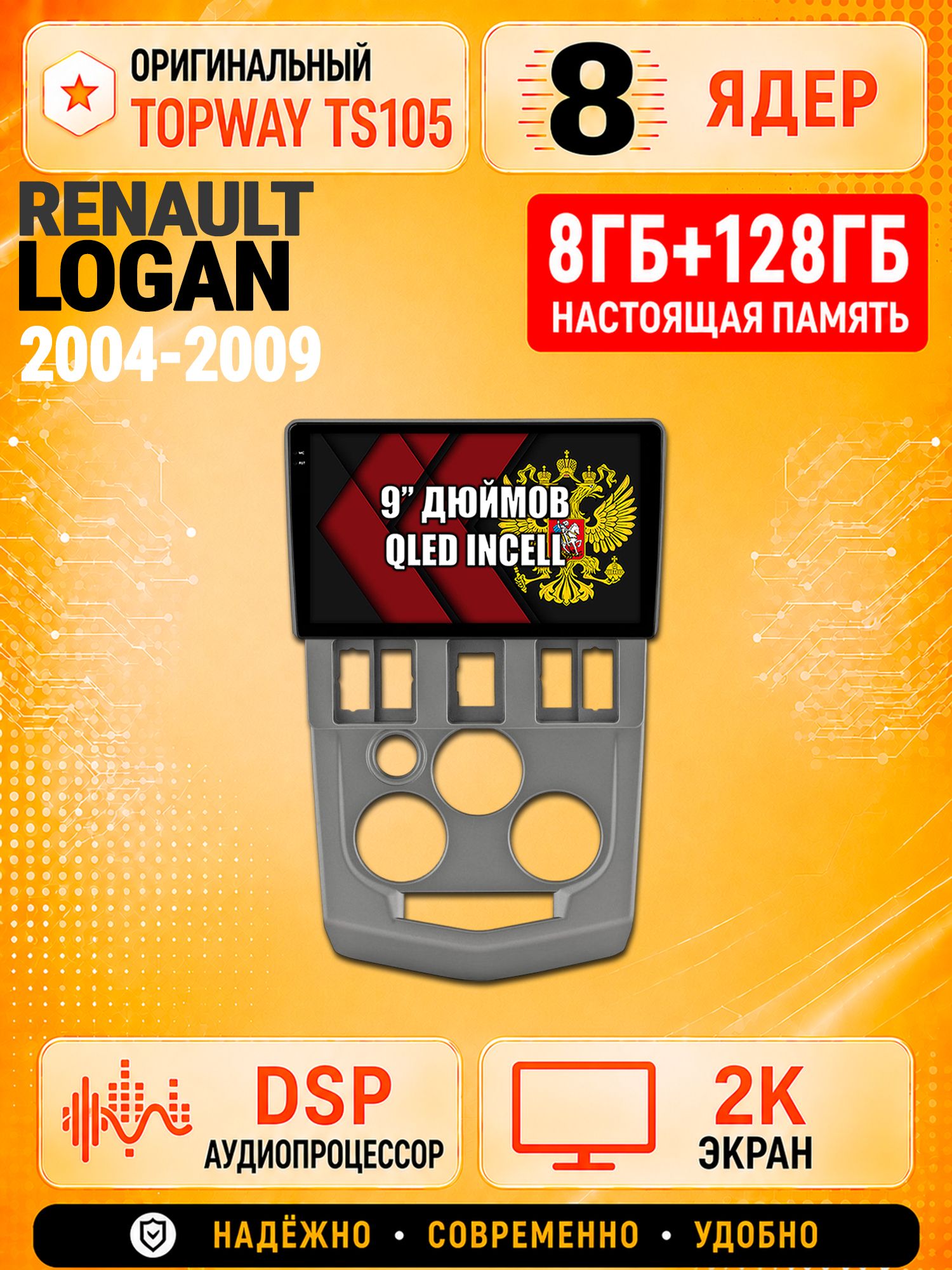 8 ядер TS105, 8гб+128гб, экран 2К, для RENAULT LOGAN (2004-2009), Андроид автомагнитола с Carplay и Android auto