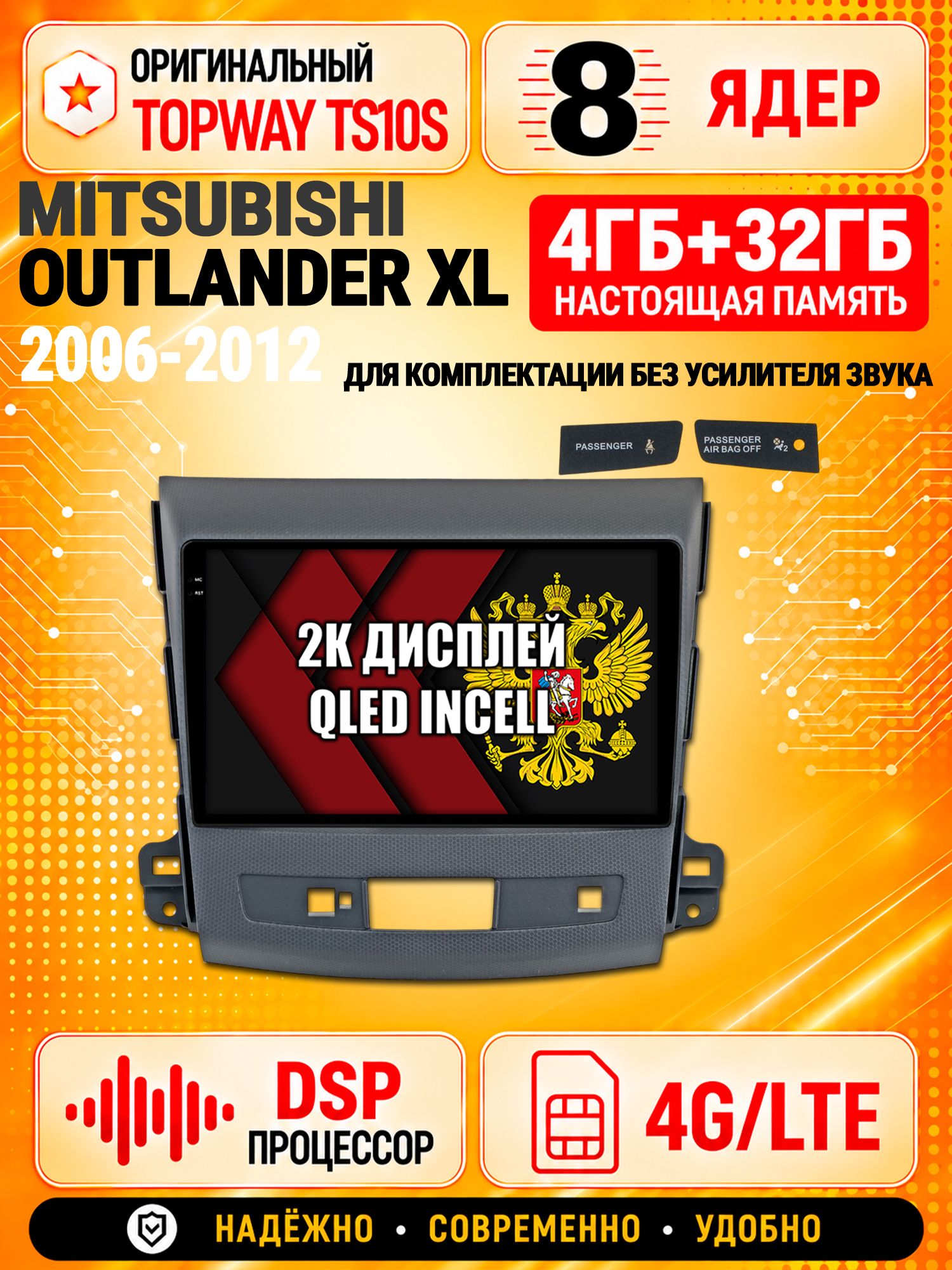 8 ядер TS10S, память 4гб+32гб и экран 2К, для MITSUBISHI OUTLANDER XL (2006-2012), Android магнитола с Carplay и 4G LTE