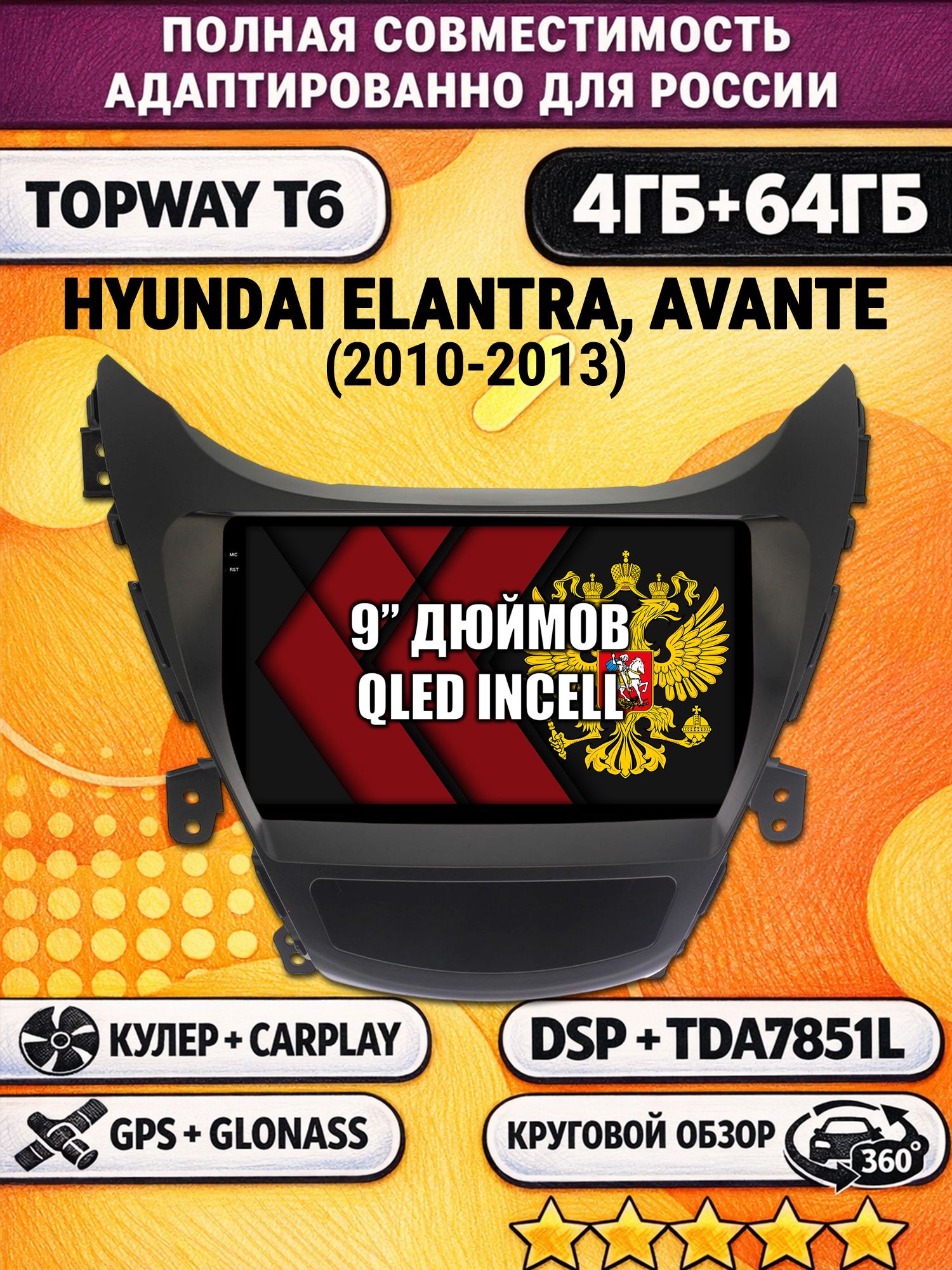 Штатная Андроид магнитола для HYUNDAI ELANTRA, AVANTE (2010-2013), 4/64гб, 360 обзор, DSP, беспроводной CarPlay/Android Auto, GPS/ГЛОНАСС