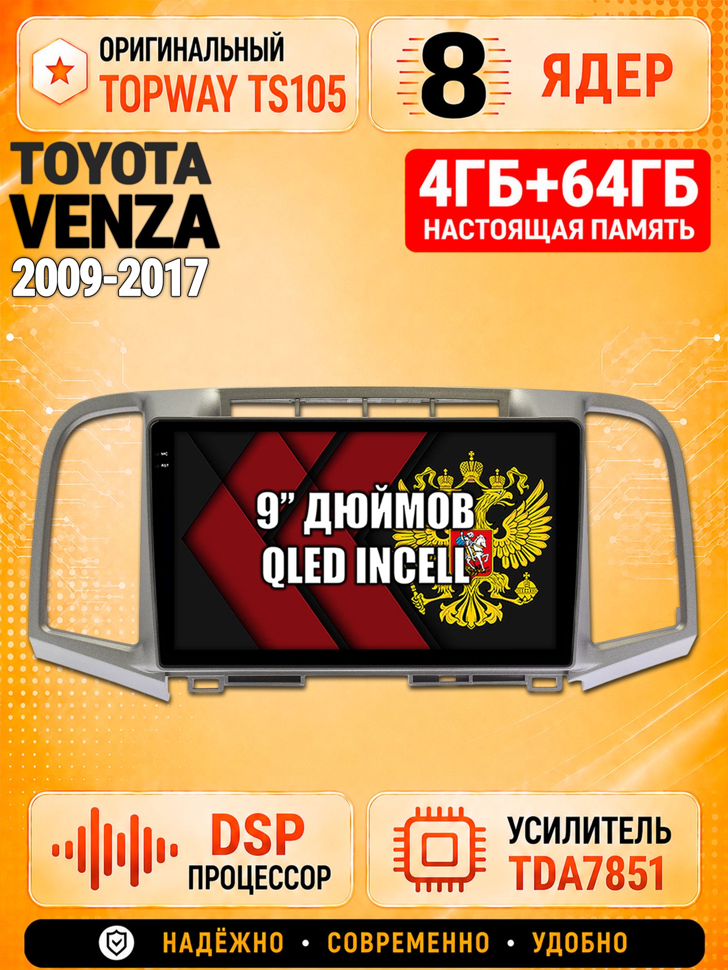 8 ядер TS105, 4ГБ+64ГБ для Toyota Venza (2009 2010 2011 2012 2013 2014 2015 2016 2017), Штатная андроид магнитола с DSP, 4G, CarPlay и Android Auto
