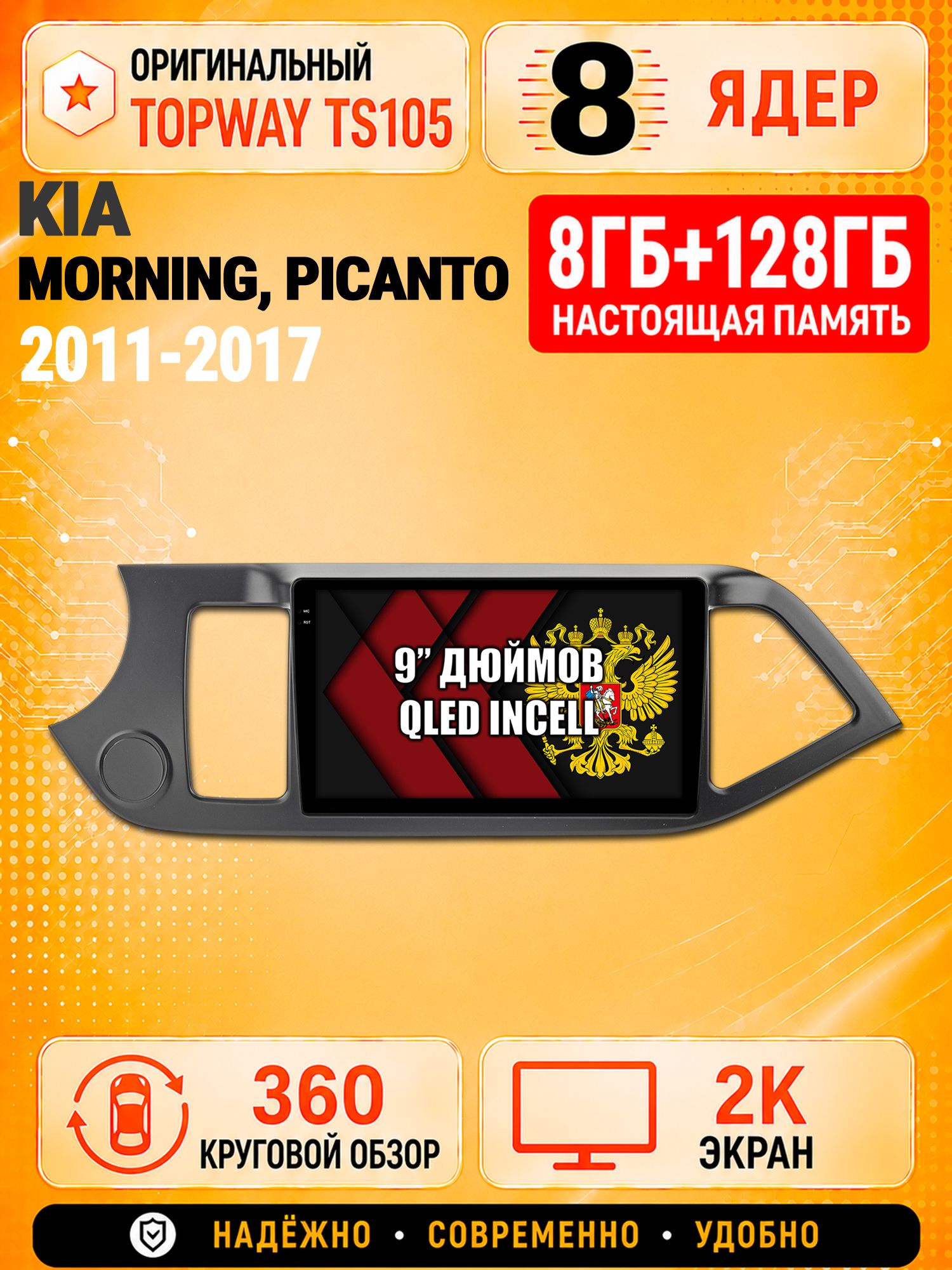 8 ядер TS105, 8гб+128гб, экран 2К и круговой обзор 360, для KIA MORNING (2011-2017) / PICANTO (2011-2017), Андроид магнитола с Carplay
