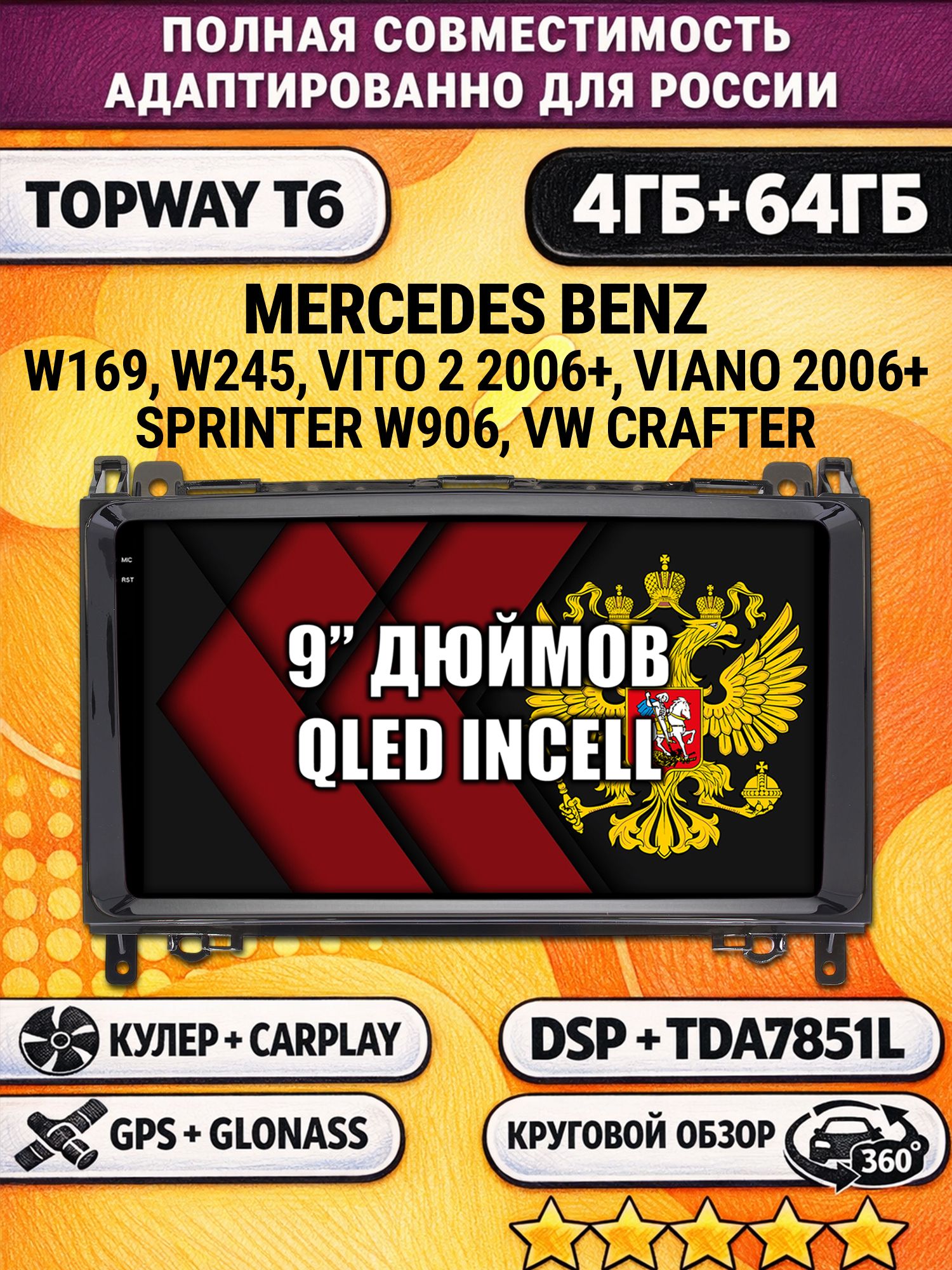 Штатная Андроид магнитола для MERCEDES BENZ B200 W169 W245 VITO II, VIANO SPRINTER, VOLKSWAGEN CRAFTER, 4/64гб, 360 обзор, DSP, беспроводной CarPlay/Android Auto, GPS/ГЛОНАСС