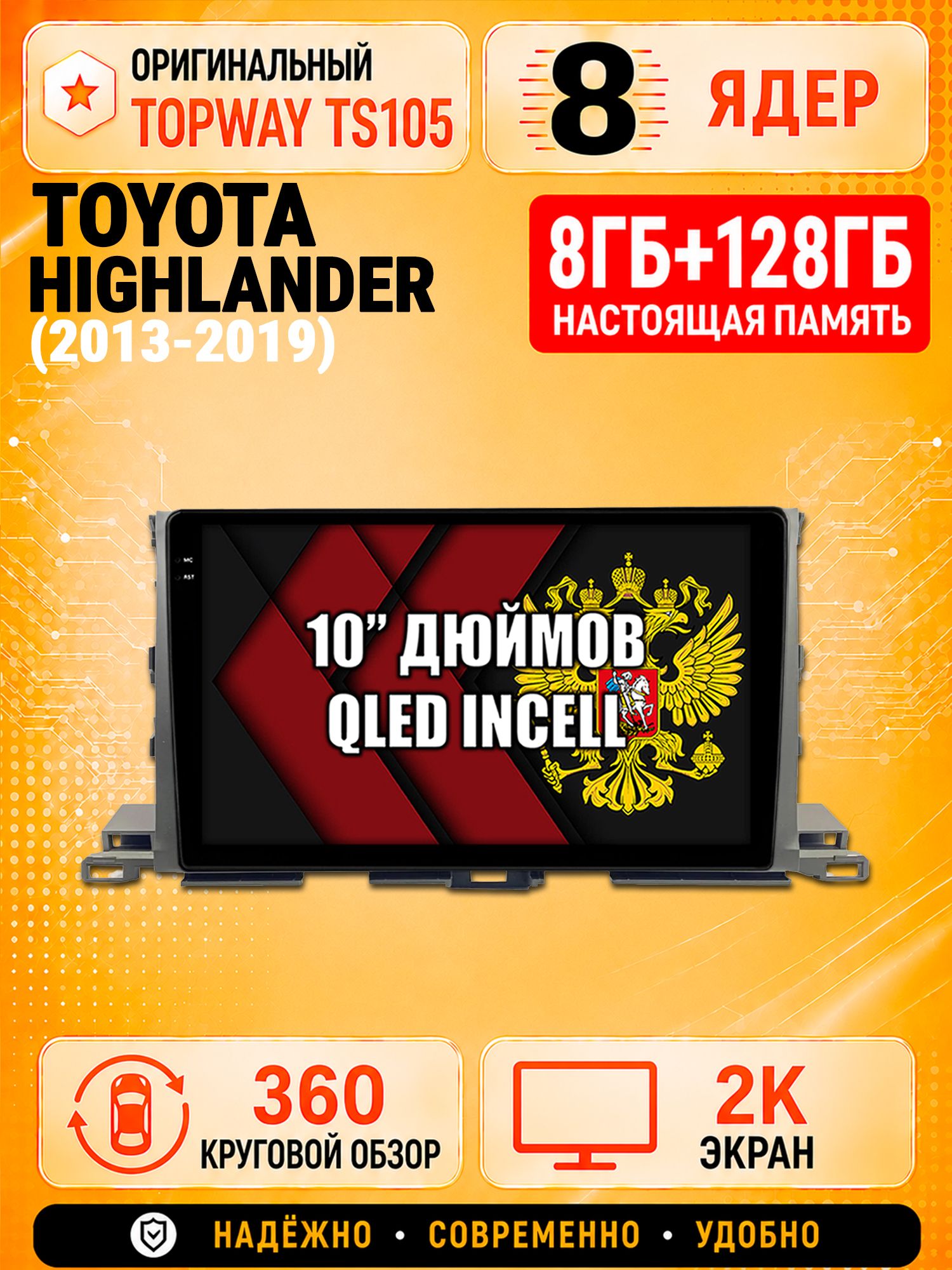 8 ядер 8гб+128гб с 360 обзором андроид магнитола для TOYOTA HIGHLANDER (2013-2019), Android TS105 с 4G LTE и Carplay