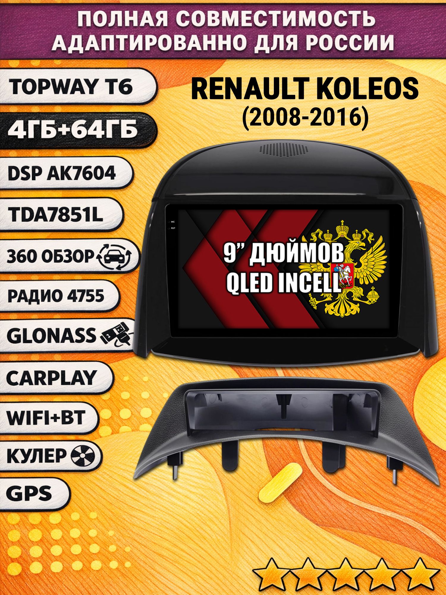 Штатная Андроид магнитола для RENAULT KOLEOS (2008-2016), для комплектации без цветного экрана, 4/64гб, 360 обзор, DSP, беспроводной CarPlay/Android Auto, GPS/ГЛОНАСС
