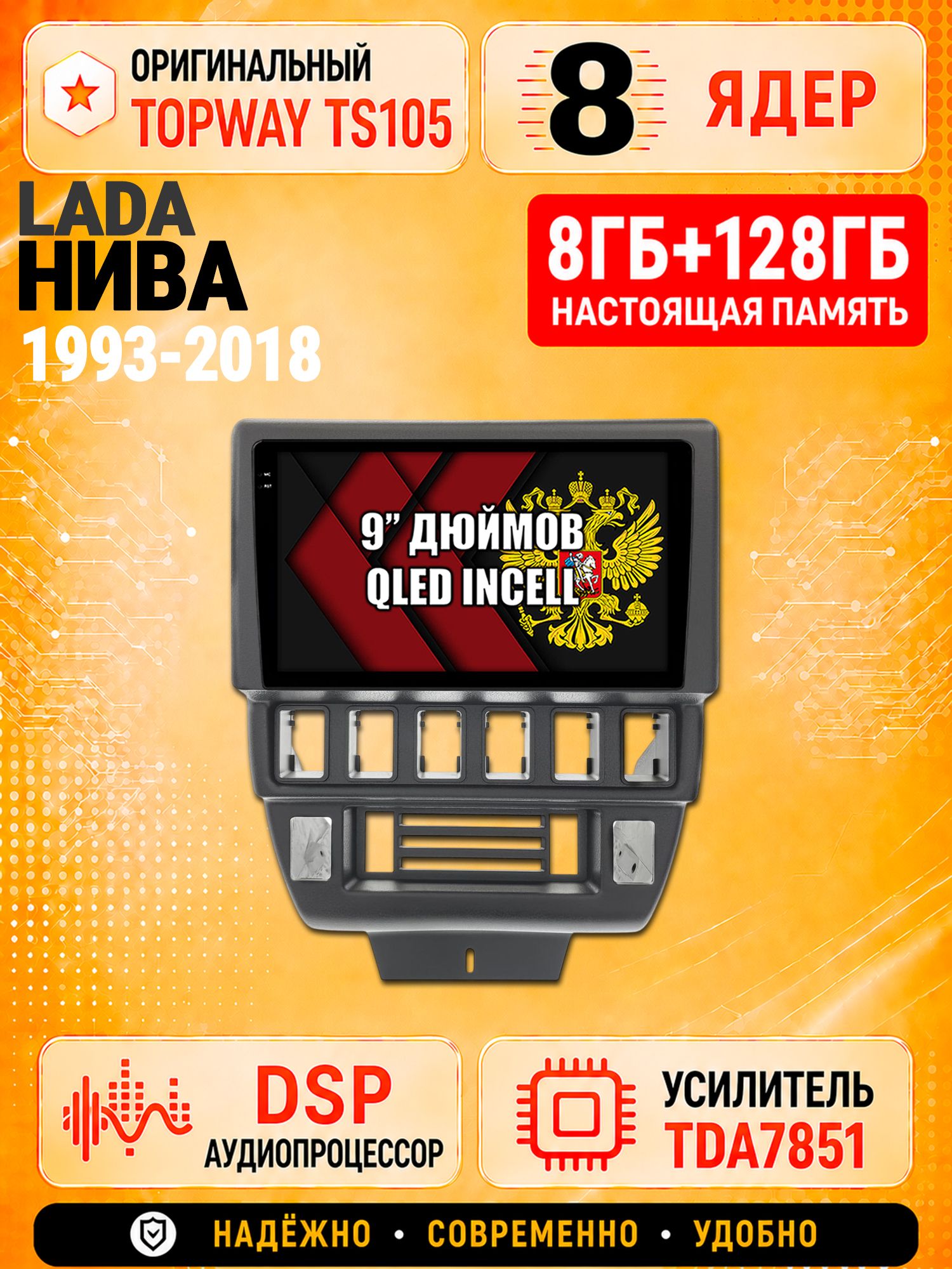 8 ядер TS105 с памятью 8гб+128гб для Lada Niva 4X4 Лада Нива (1993-2018), Штатная андроид магнитола, DSP, 4G, беспроводной CarPlay/Android Auto
