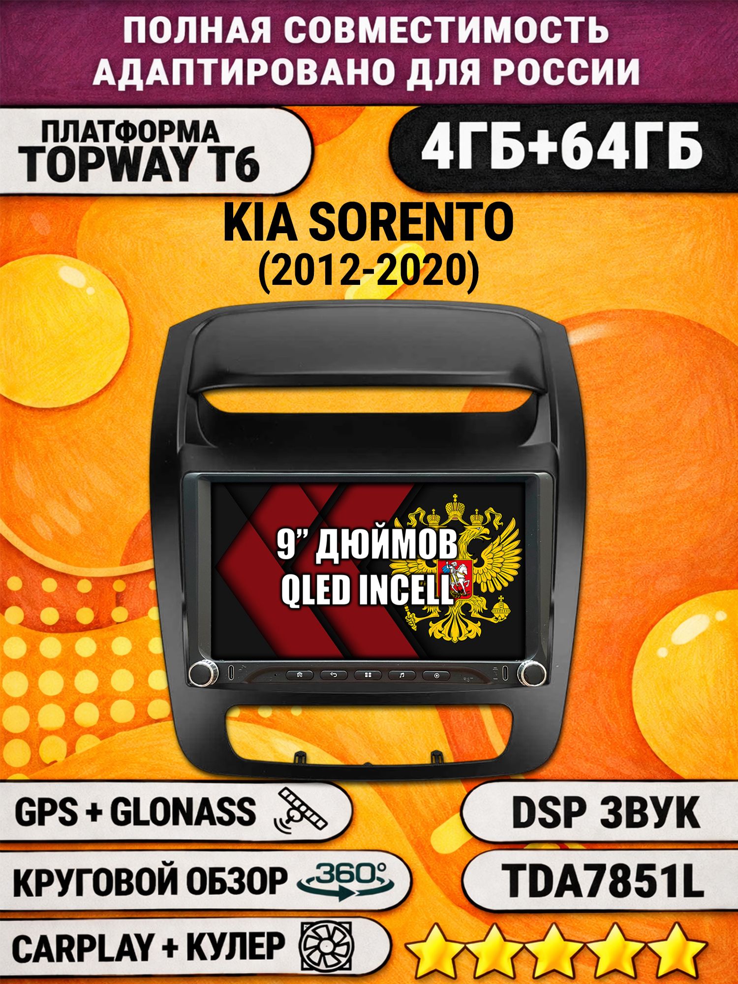 Штатная магнитола Андроид 9 для KIA SORENTO (2012-2020), 4/64гб, DSP, 360 обзор, беспроводной CarPlay и Android Auto, GPS и ГЛОНАСС