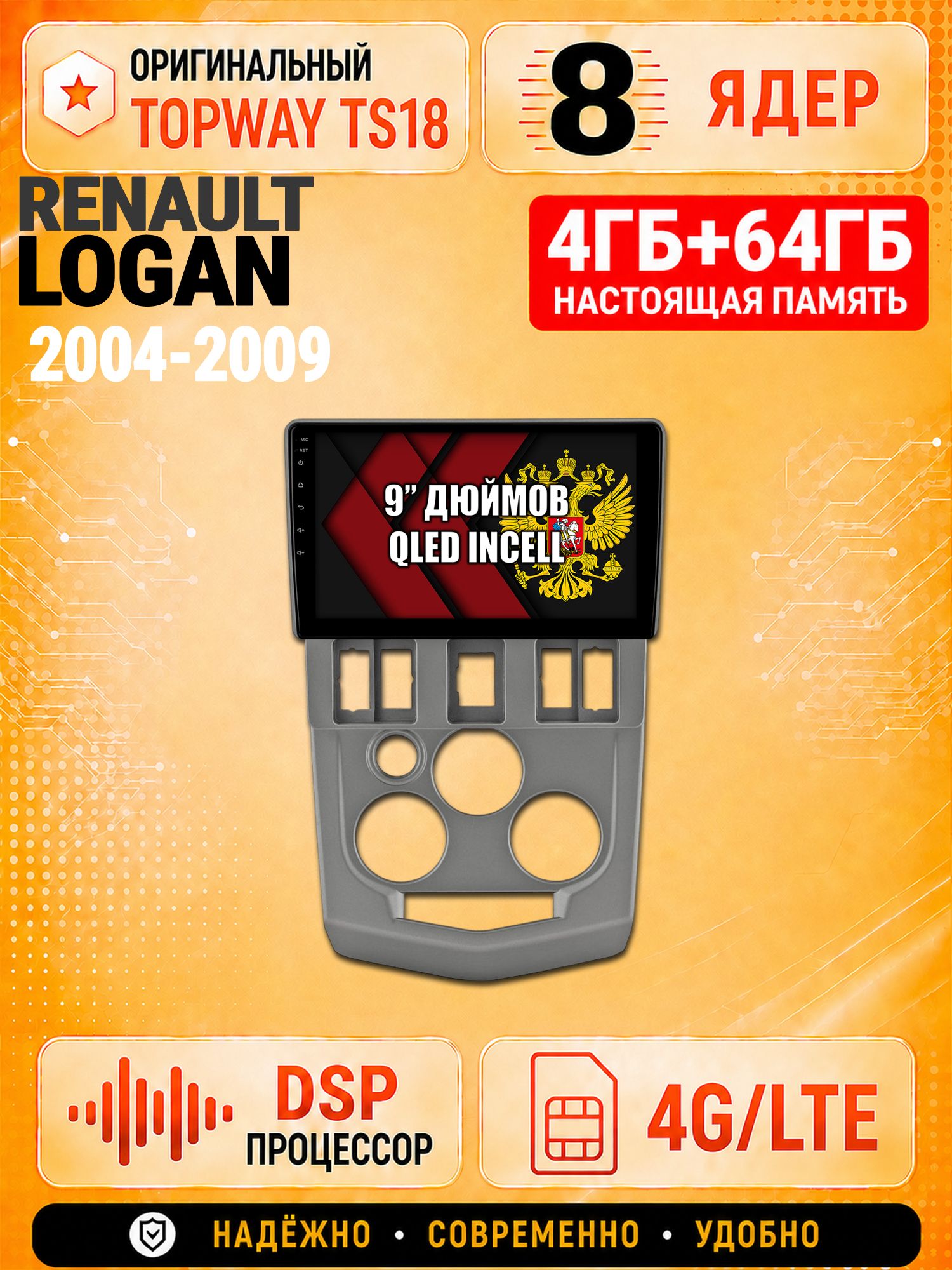 8 ядер 4гб+64гб для RENAULT LOGAN (2004-2009), Андроид магнитола с Carplay и Android Auto