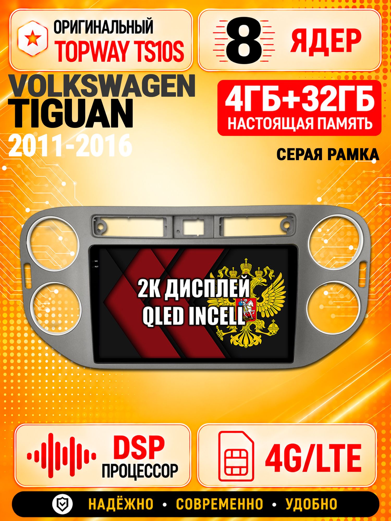 8 ядер TS10S, память 4гб+32гб и экран 2К, для VOLKSWAGEN TIGUAN (2011-2016), Android магнитола с Carplay и 4G LTE, Квадратная аварийка, темно серая рамка