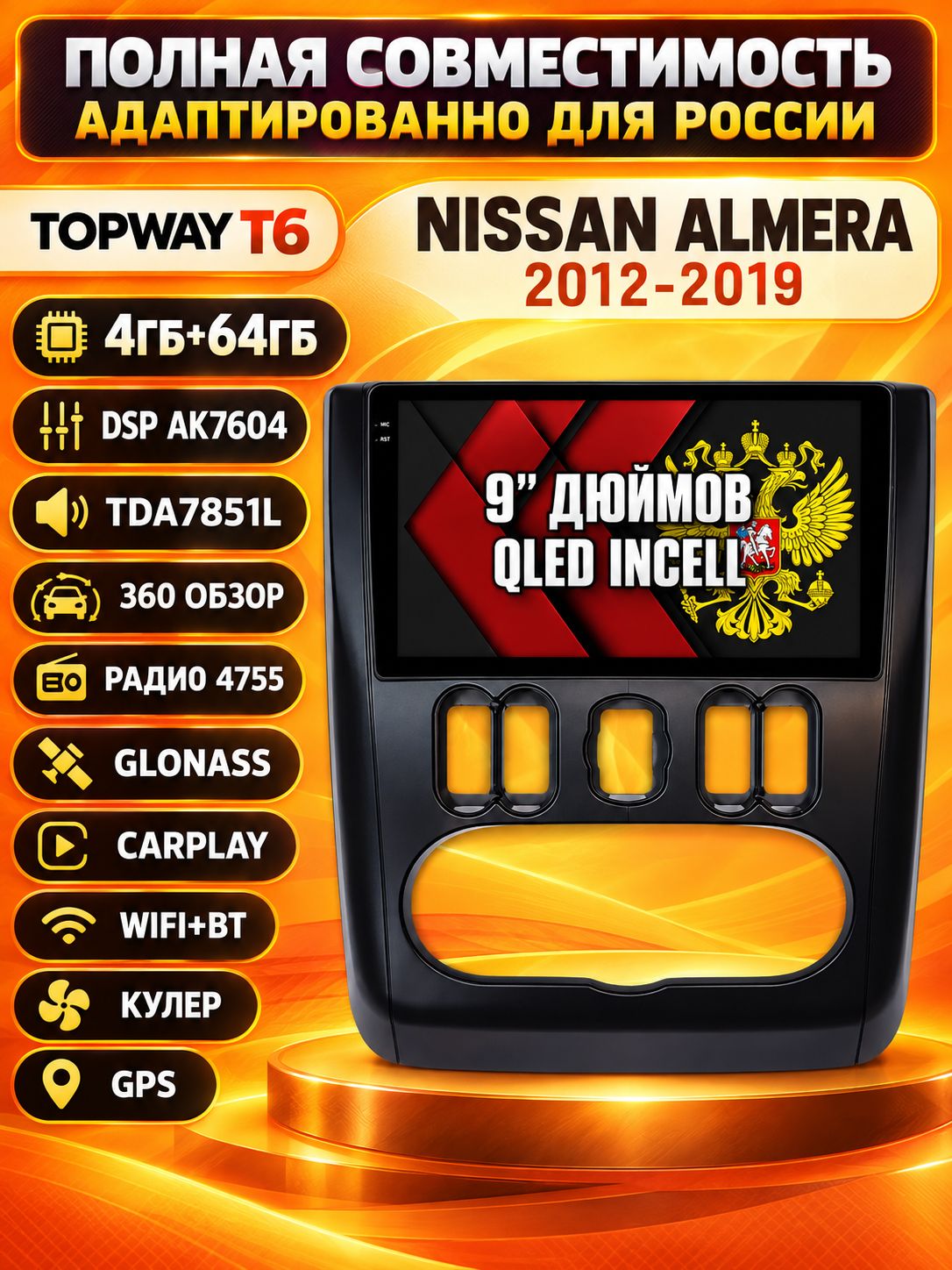 4ГБ+64ГБ магнитола для NISSAN ALMERA (2012-2019), рамка черная матовая, 360 обзор, DSP, беспроводной CarPlay/Android Auto, GPS/ГЛОНАСС