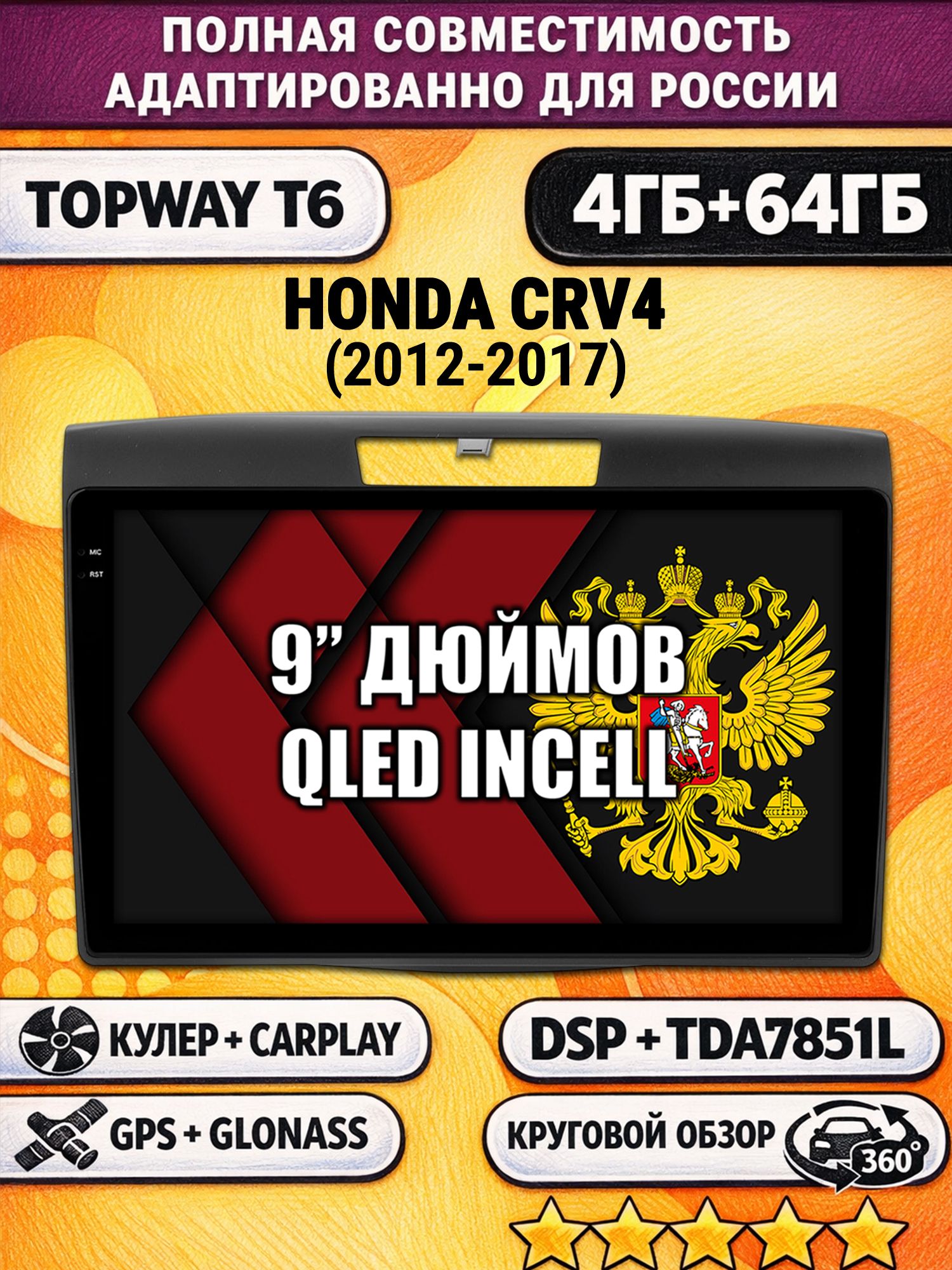 Штатная Андроид магнитола для HONDA CRV 4 (2012-2017), 4/64гб, 360 обзор, DSP, беспроводной CarPlay/Android Auto, GPS/ГЛОНАСС