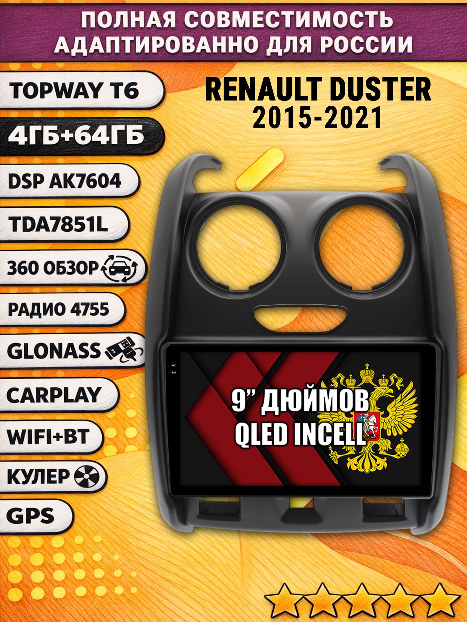 Штатная Андроид магнитола для RENAULT DUSTER (2015-2021) Рено дастер, 4/64гб, 360 обзор, DSP, беспроводной CarPlay/Android Auto, GPS/ГЛОНАСС