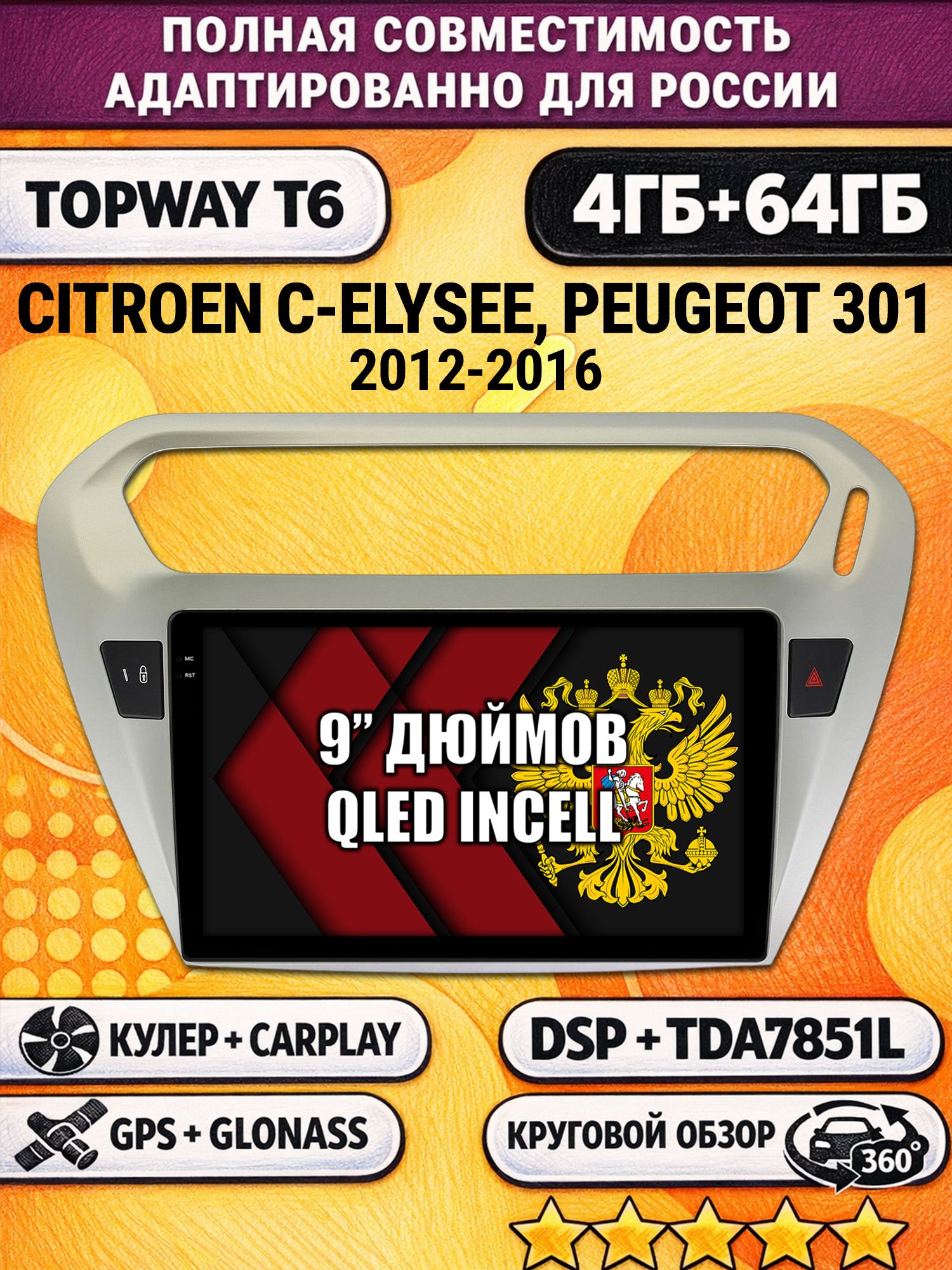 Штатная Андроид магнитола для PEUGEOT 301, CITROEN C-ELYSEE (2012-2016), 4/64гб, 360 обзор, DSP, беспроводной CarPlay/Android Auto, GPS/ГЛОНАСС