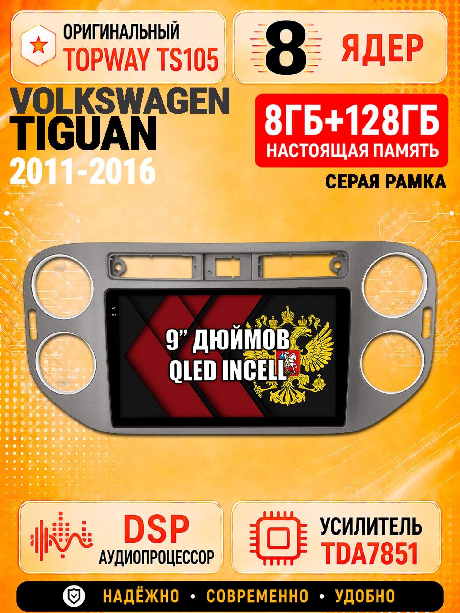 8 ядер TS105 с памятью 8гб+128гб для Volkswagen Tiguan (2011-2016), Штатная андроид магнитола, DSP, 4G, беспроводной CarPlay/Android Auto, Квадратная аварийка, темно серая рамка