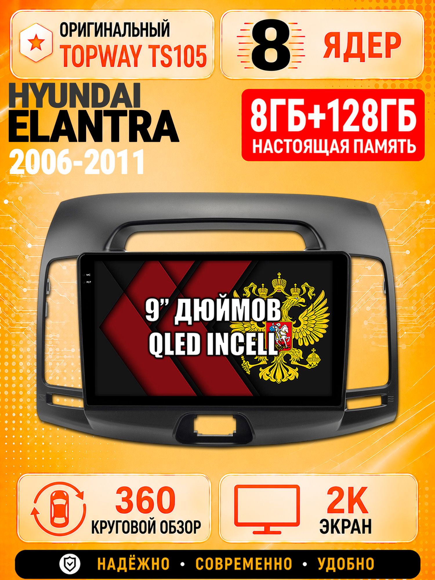 8 ядер TS105, 8гб+128гб, экран 2К и круговой обзор 360, для HYUNDAI ELANTRA (2006-2011), Андроид магнитола с Carplay