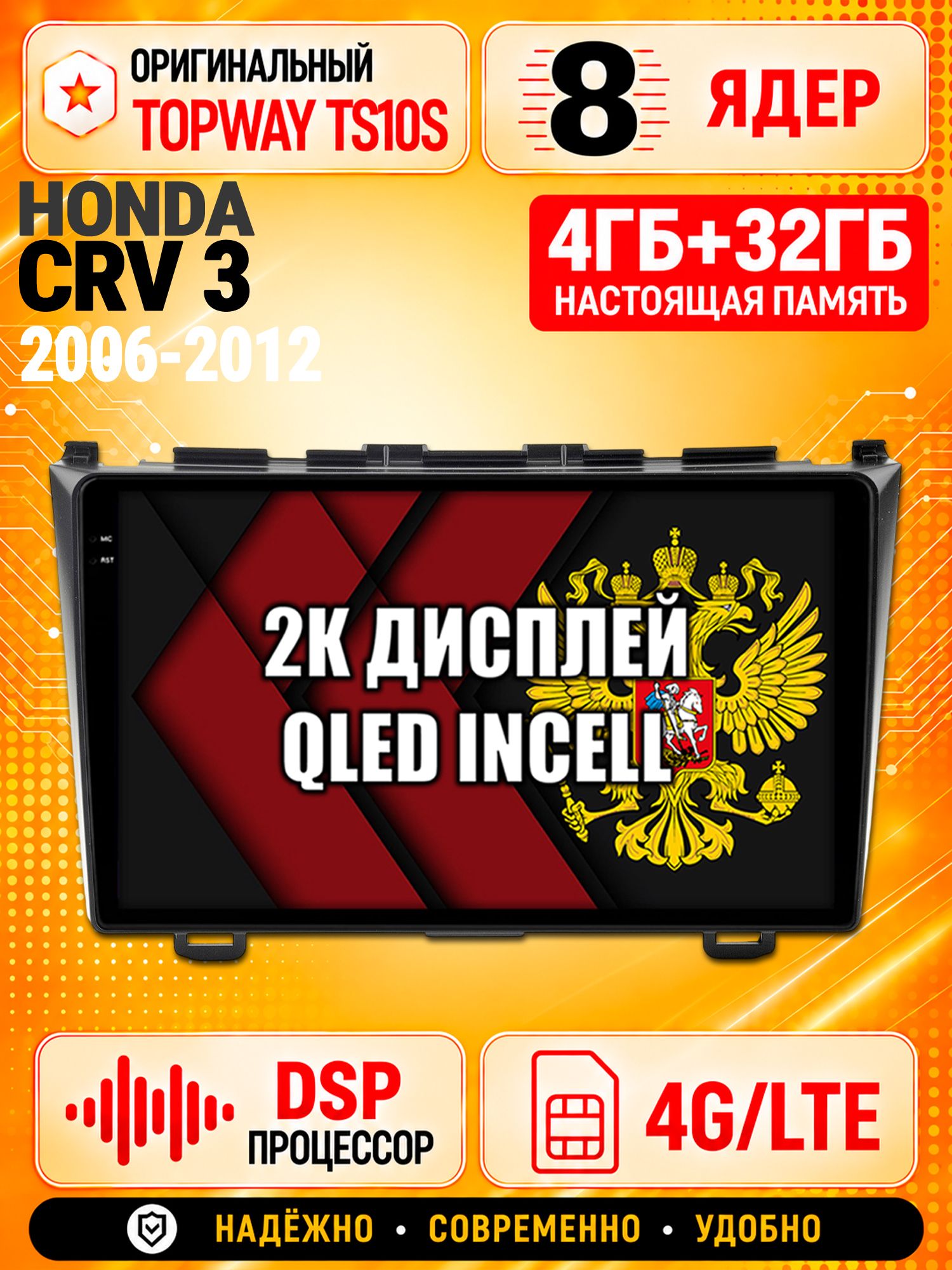 8 ядер TS10S, память 4гб+32гб и экран 2К, для HONDA CRV (2006-2012), Android магнитола с Carplay и 4G LTE