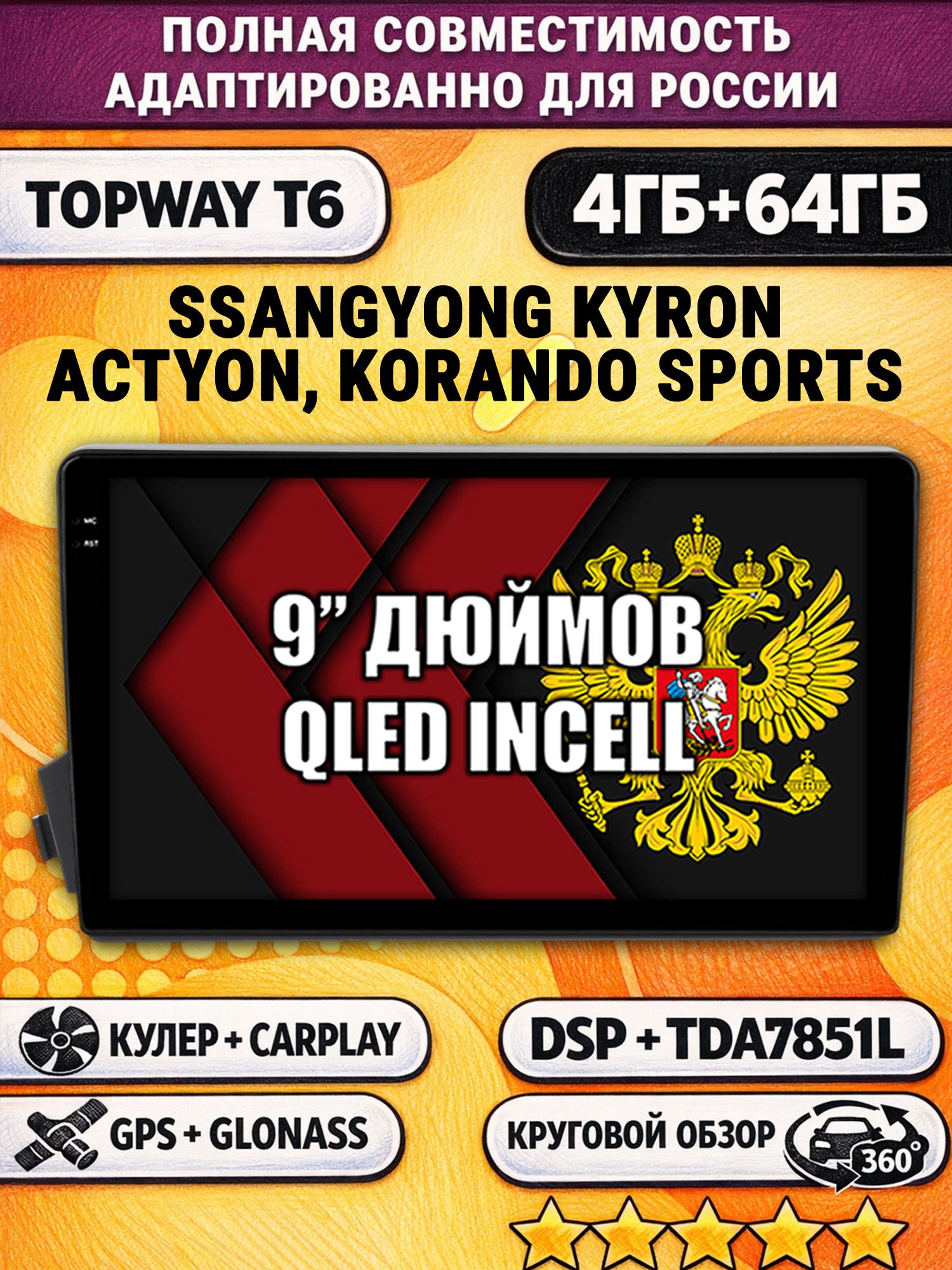 Штатная Андроид магнитола для SSANGYONG KYRON ACTYON, ACTYON SPORTS, KORANDO SPORTS, 4/64гб, 360 обзор, DSP, беспроводной CarPlay/Android Auto, GPS/ГЛОНАСС