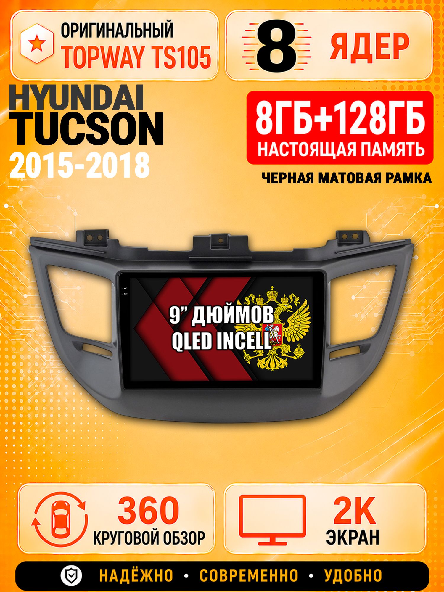 8 ядер TS105, 8гб+128гб, экран 2К и круговой обзор 360, для HYUNDAI TUCSON (2015-2018), Андроид магнитола с Carplay - черная рамка