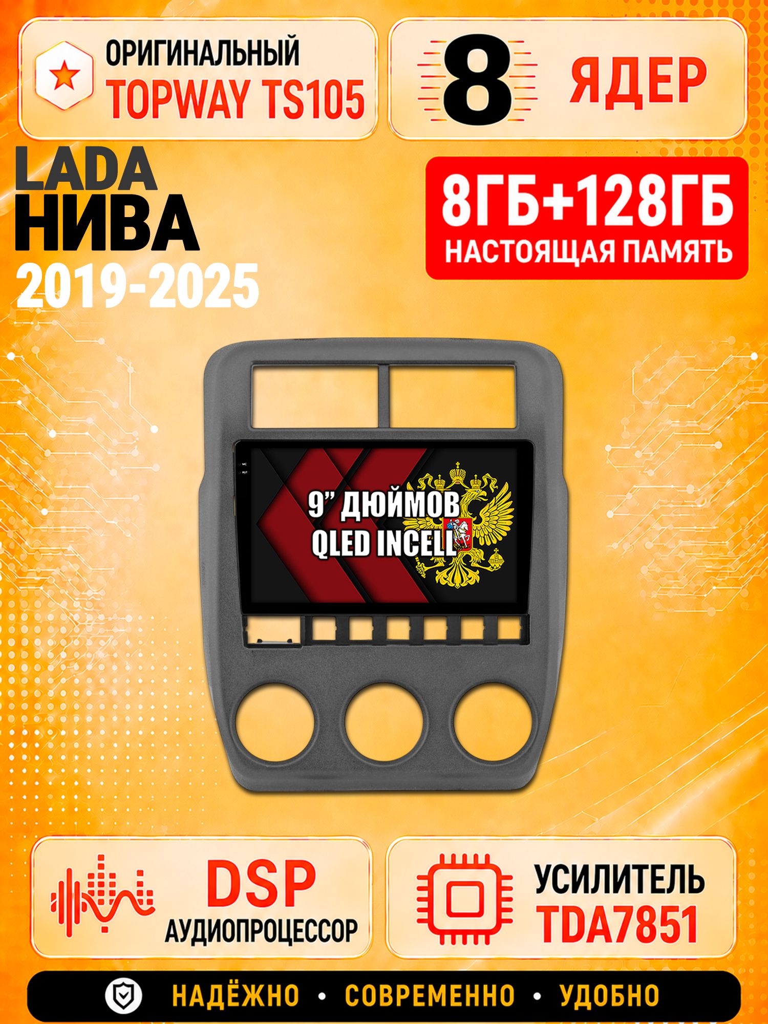 8 ядер TS105 с памятью 8гб+128гб для Lada Niva 4X4 Лада Нива (2019-2025), Штатная андроид магнитола, DSP, 4G, беспроводной CarPlay/Android Auto
