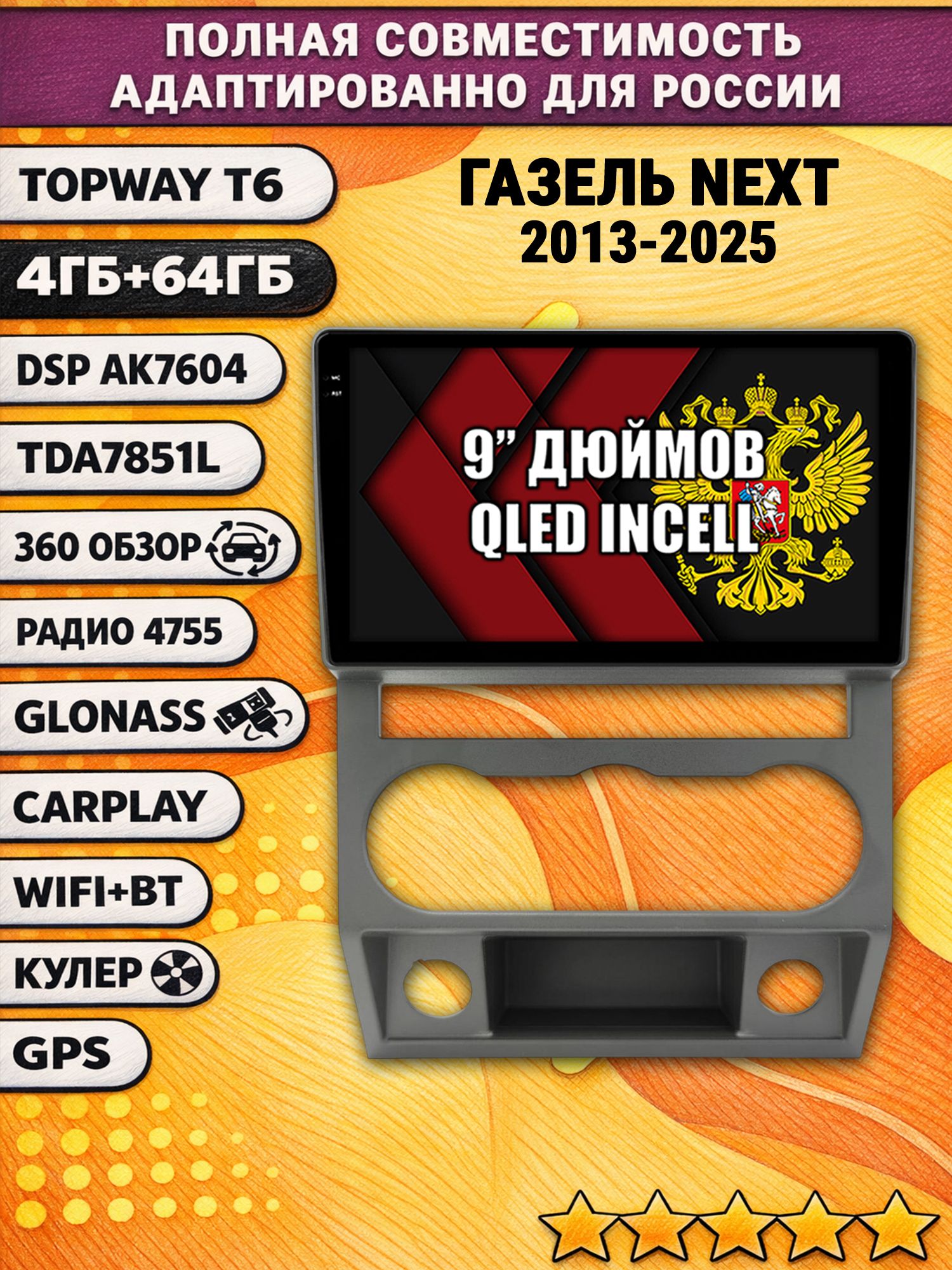 Штатная Андроид магнитола для Газель Некст Next ( 2013-2025), Android автомагнитола, 4/64гб, 360 обзор, DSP, беспроводной CarPlay/Android Auto, GPS/ГЛОНАСС