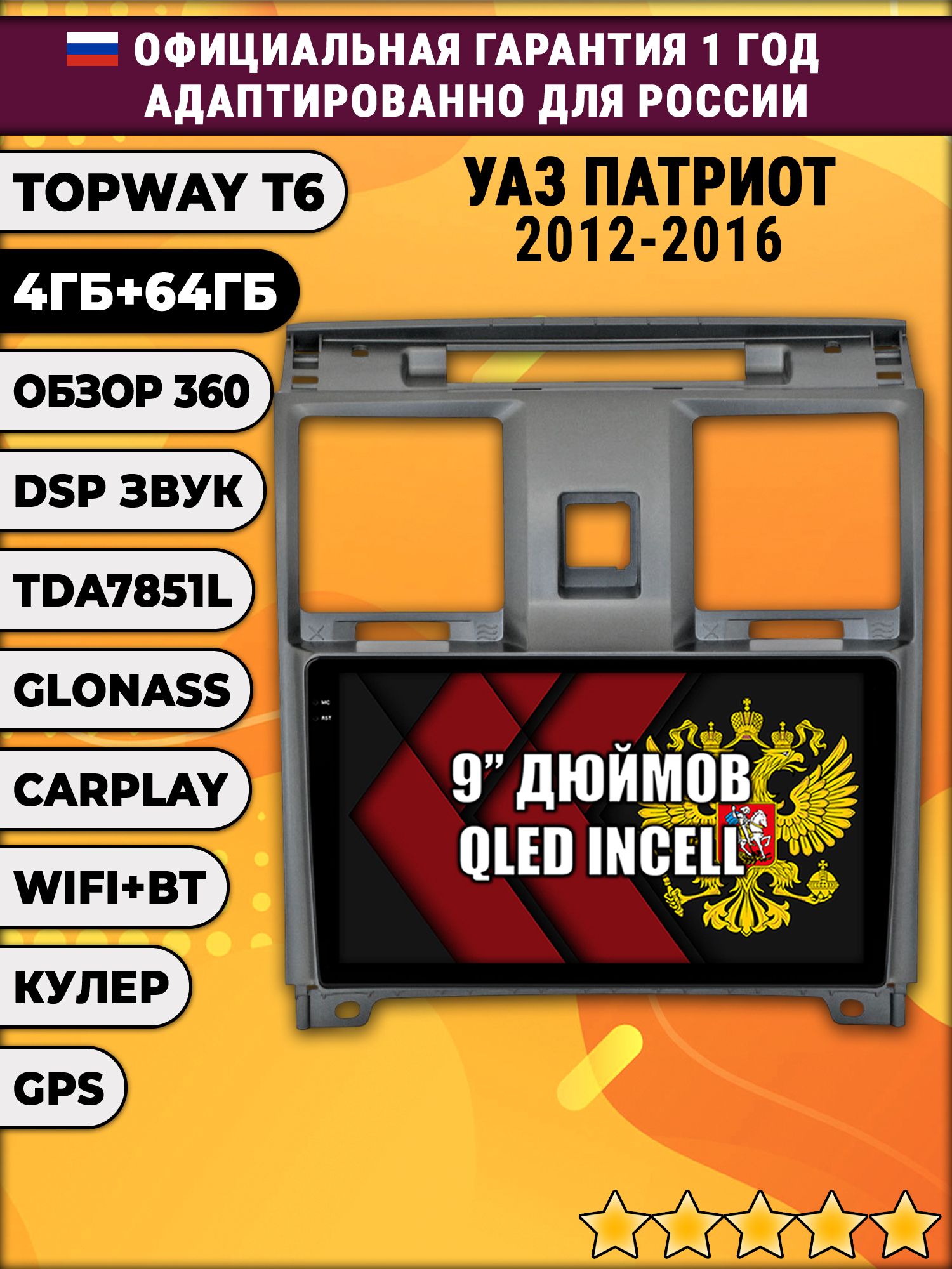 4гб+64гб с DSP для УАЗ ПАТРИОТ (2012 2013 2014 2015 2016) Uaz Patriot, UAZ PATRIOT, Android магнитола, без слота под симку, усилитель звука TDA7851 и поддержка 360 камер