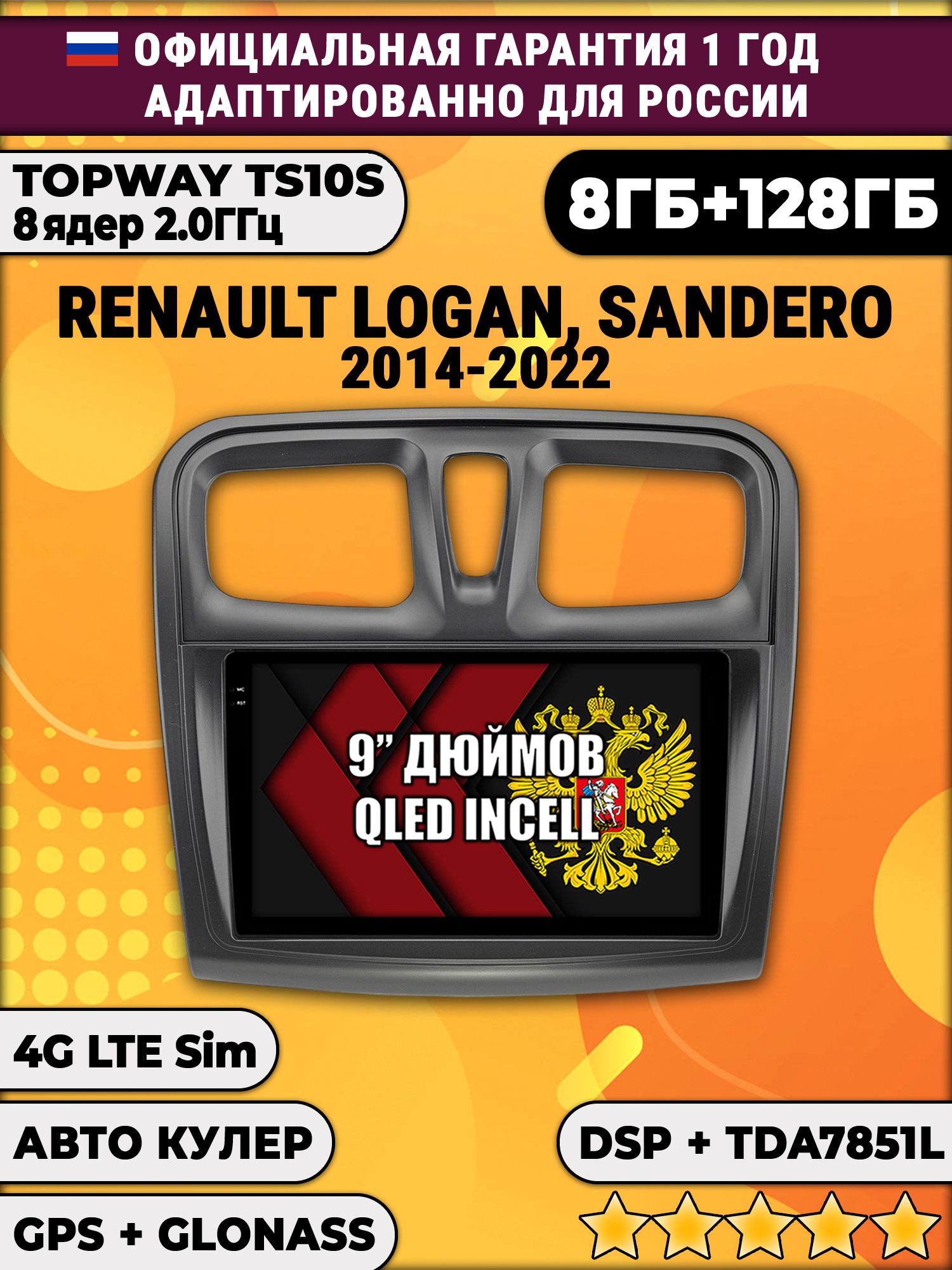 8 ядер TS105, память 8/128гб для RENAULT LOGAN, SANDERO (2014 2015 2016 2017 2018 2019 2020 2021 2022), Android магнитола