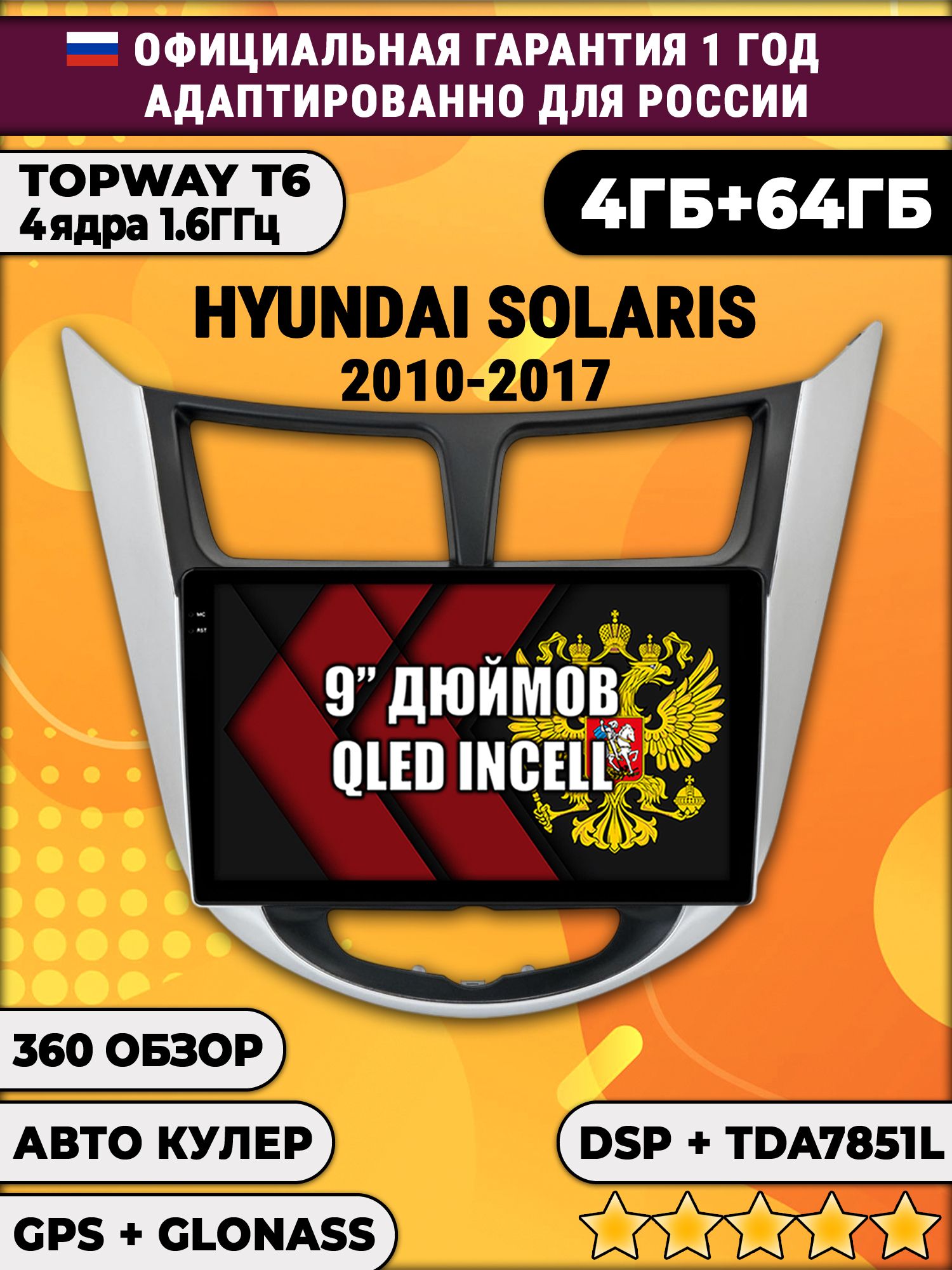 4гб+64гб с DSP для HYUNDAI SOLARIS (2010 2011 2012 2013 2014 2015 2016 2017) Соларис, рамка с черным центром, Android магнитола, без слота под симку, усилитель звука TDA7851