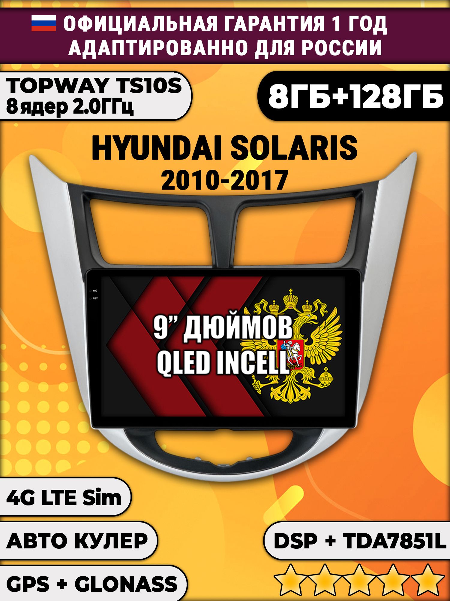 8 ядер TS105, память 8/128гб для HYUNDAI SOLARIS (2010 2011 2012 2013 2014 2015 2016 2017) Соларис, Android магнитола - Рамка с черным центром