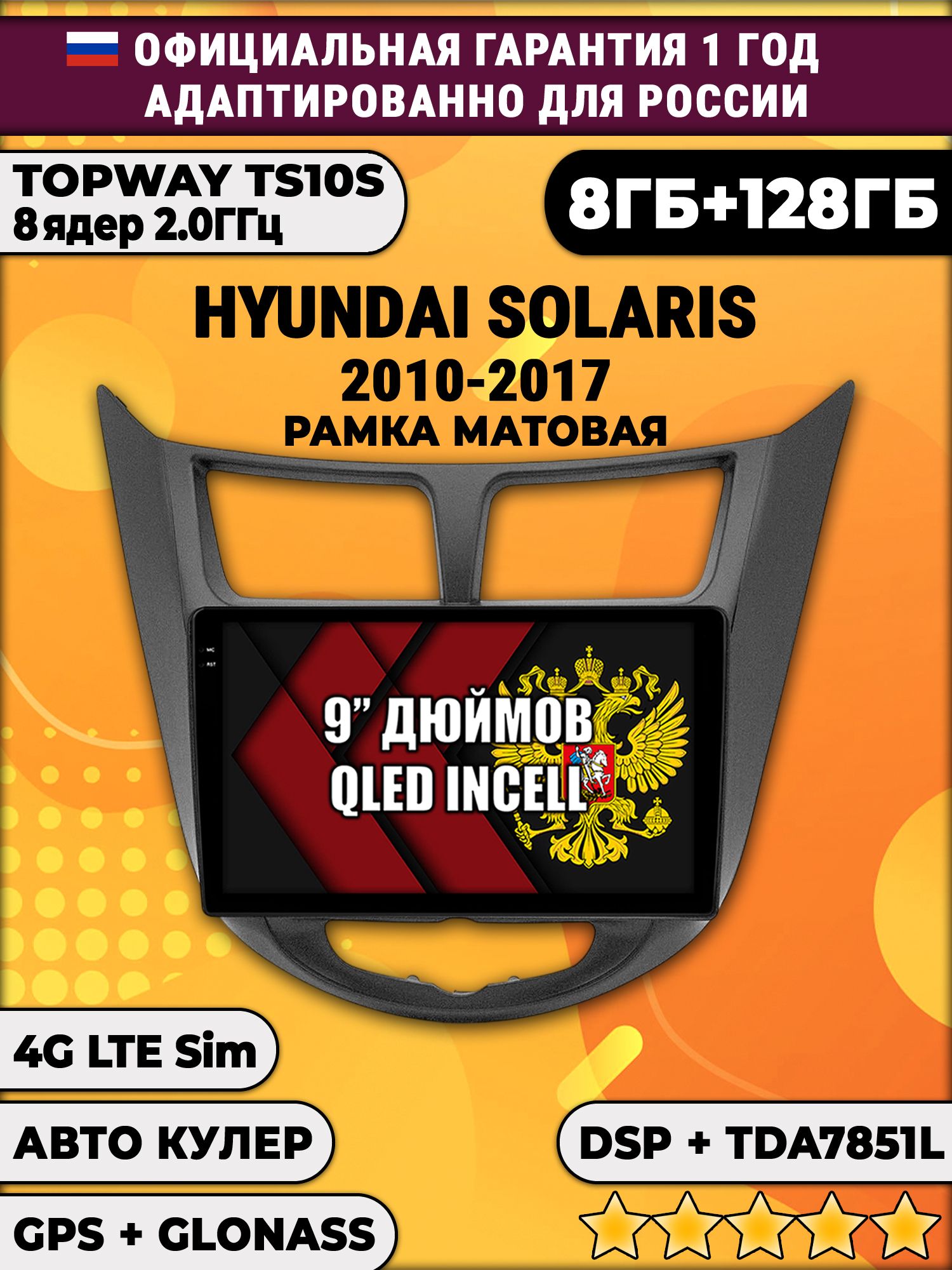 8 ядер TS105, память 8/128гб для HYUNDAI SOLARIS (2010 2011 2012 2013 2014 2015 2016 2017) Соларис, Android магнитола, Черная матовая рамка