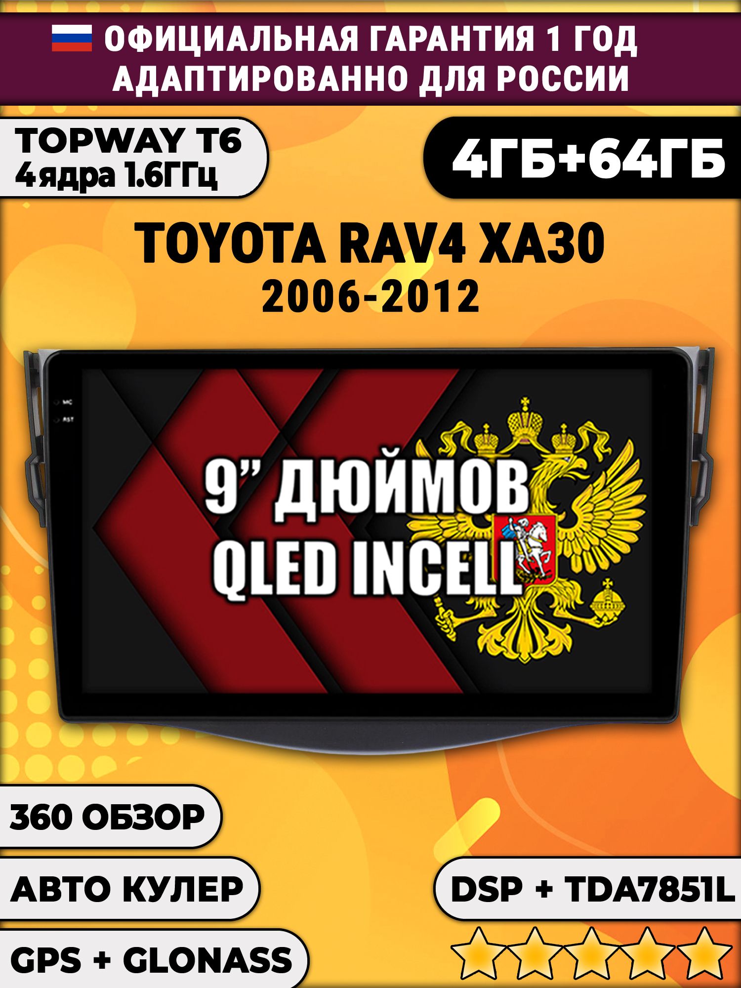 4гб+64гб с DSP для TOYOTA RAV4 XA30 (2006 2007 2008 2009 2010 2011 2012) RAV 4, Android магнитола, без слота под симку, усилитель звука TDA7851 и поддержка 360 камер