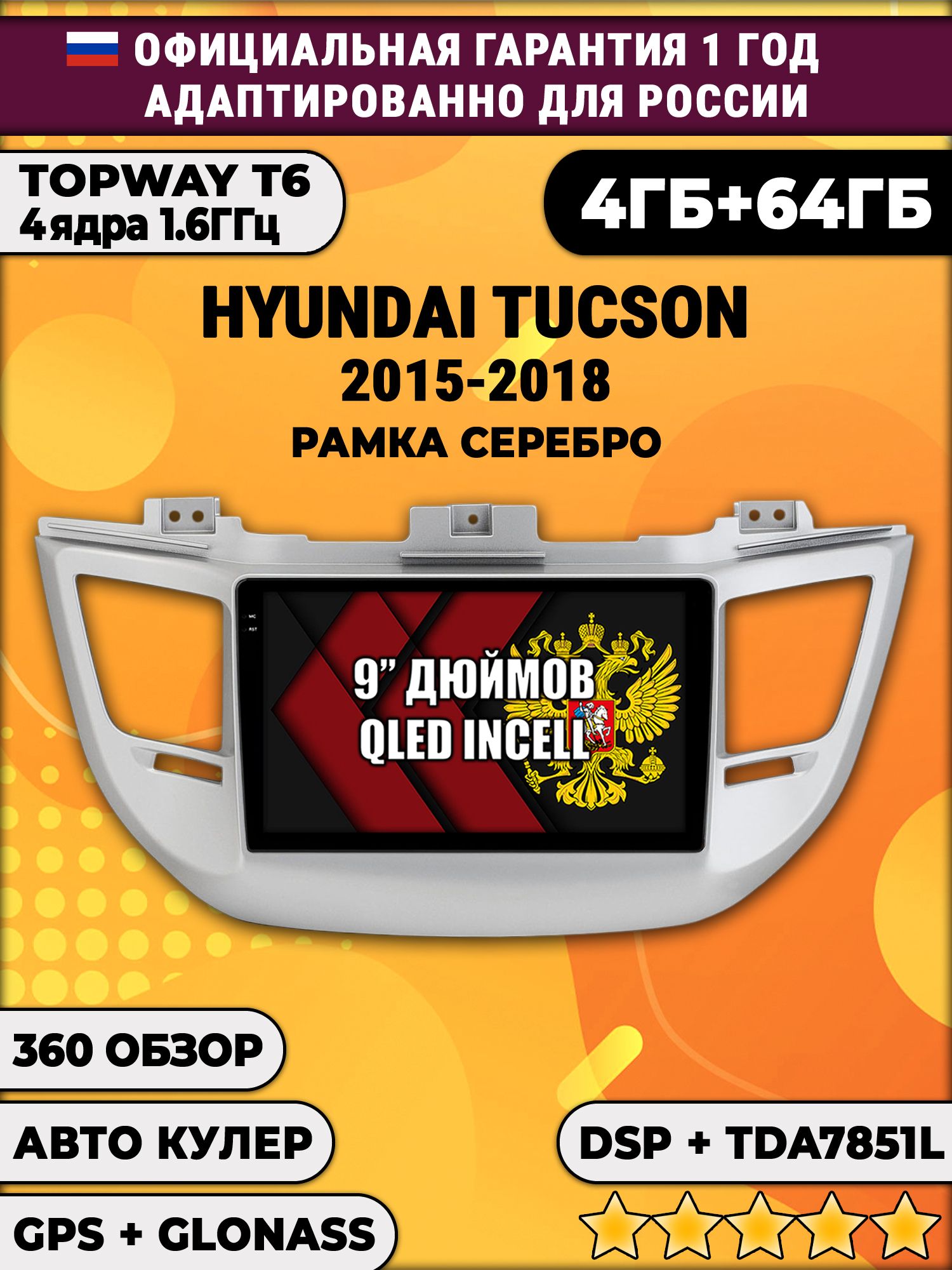 4гб+64гб с DSP для HYUNDAI TUCSON (2015-2018), рамка серебро, Android магнитола, без слота под симку, усилитель звука TDA7851 и поддержка 360 камер