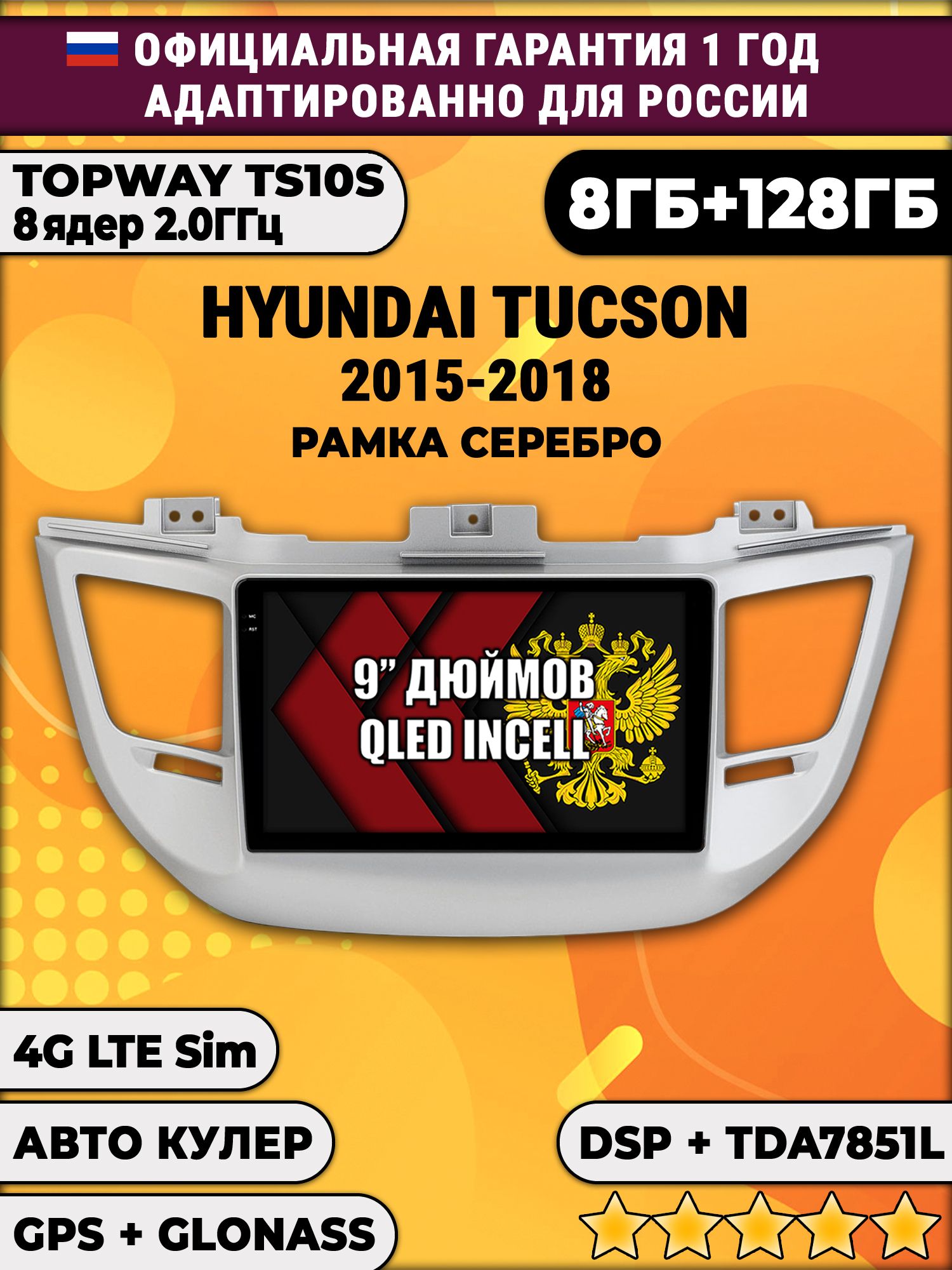 8 ядер TS105, память 8/128гб для HYUNDAI TUCSON (2015-2018), Android магнитола - рамка серебро