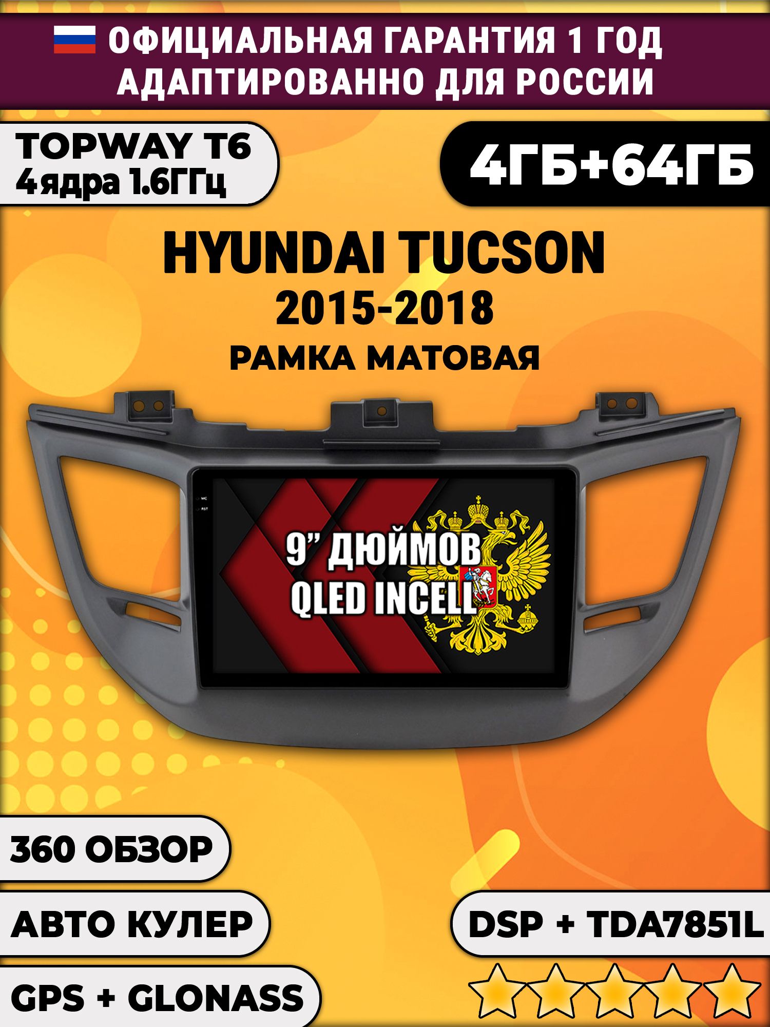 4гб+64гб с DSP для HYUNDAI TUCSON (2015-2018). Рамка черная матовая, Android магнитола, без слота под симку, усилитель звука TDA7851 и поддержка 360 камер