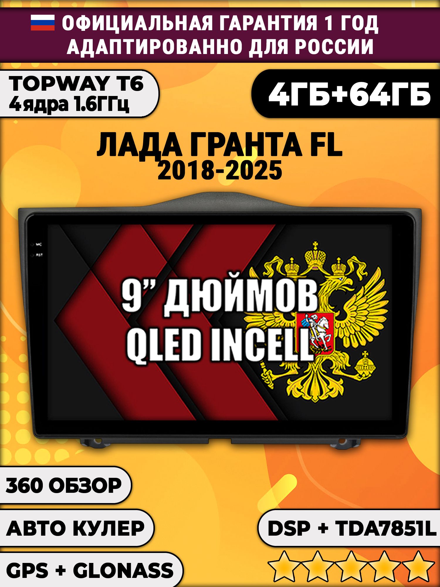 4гб+64гб с DSP для LADA GRANTA FL ЛАДА ГРАНТА ФЛ (2018 2019 2020 2021 2022 2023 2024 2025), Android магнитола без слота под симку и усилитель звука TDA7851