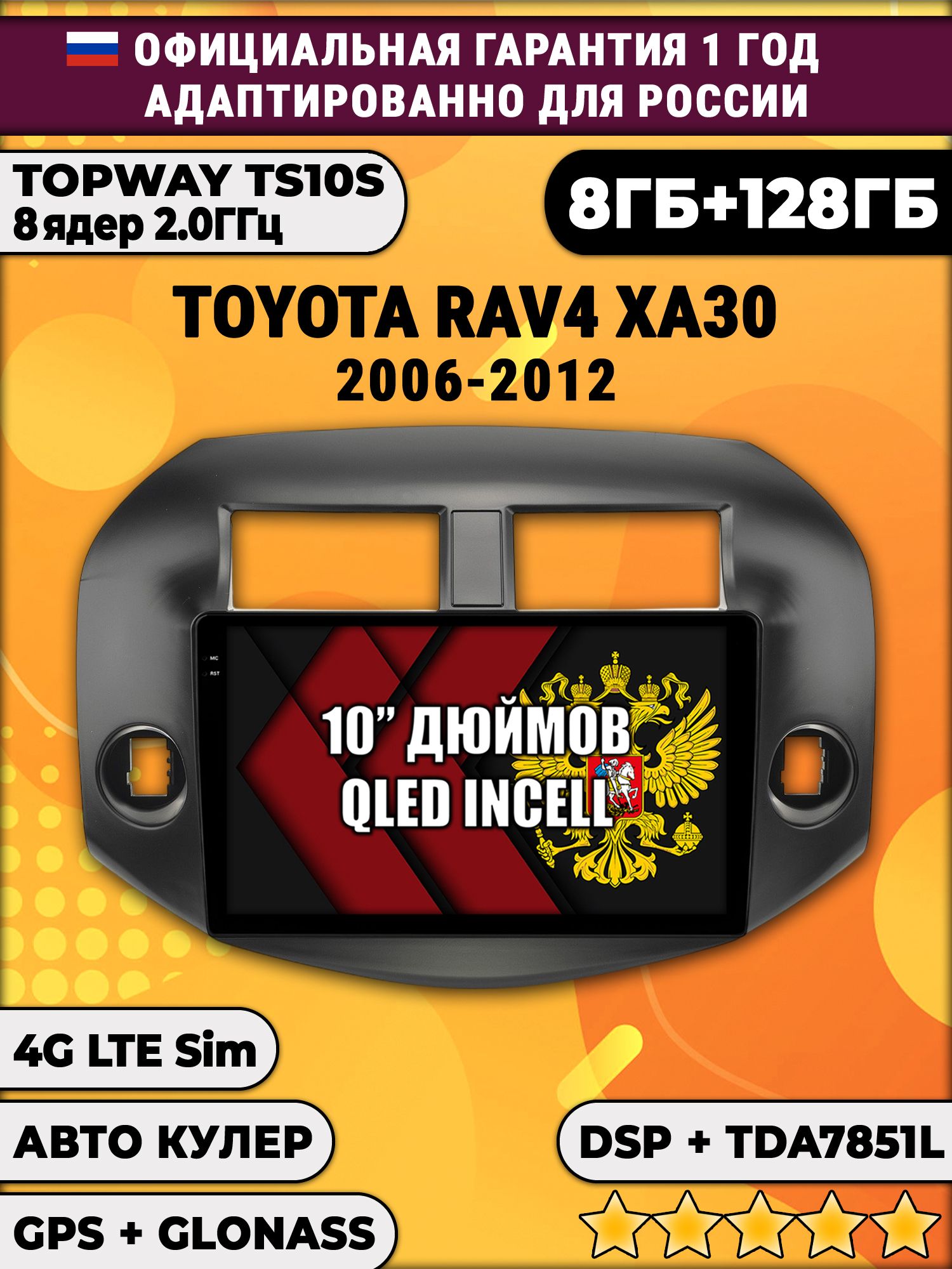 8 ядер TS105, 8/128гб для TOYOTA RAV4 (2006-2012), Android магнитола