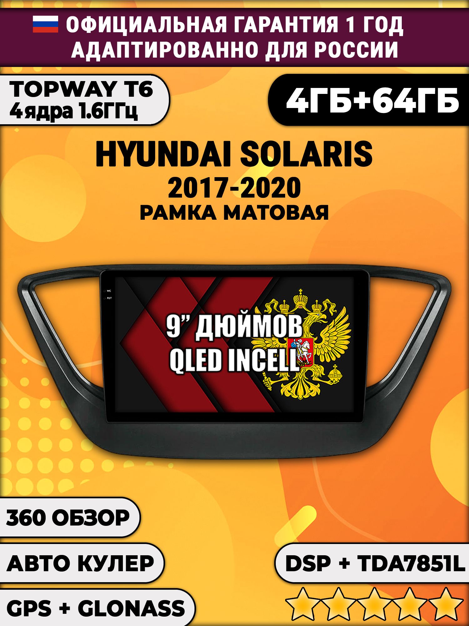 4гб+64гб с DSP для HYUNDAI SOLARIS (2017 2018 2019 2020) Соларис, рамка черная матовая, Android магнитола, без слота под симку, усилитель звука TDA7851 и поддержка 360 камер