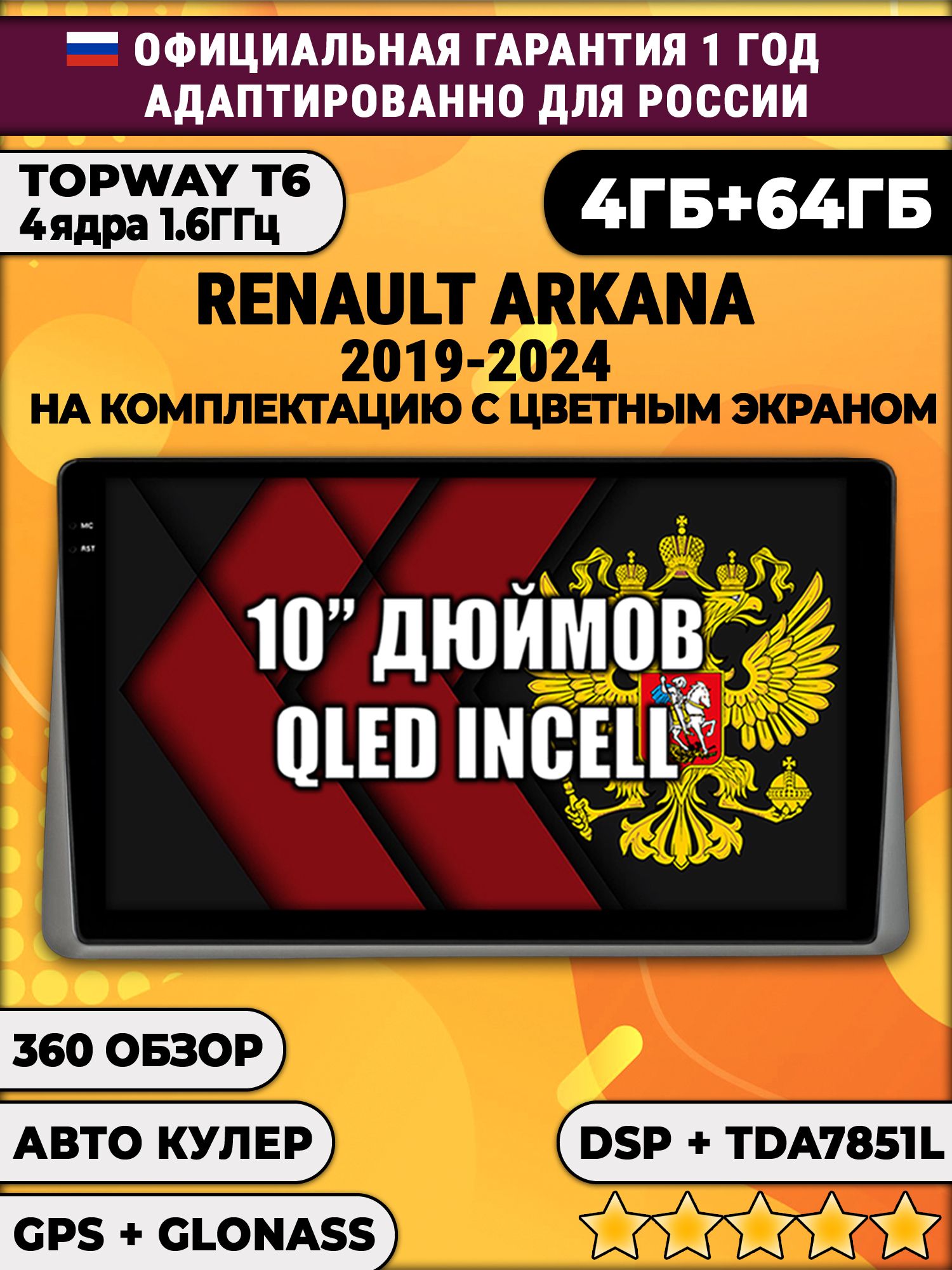 4гб+64гб, DSP, 360, для RENAULT ARKANA (2019-2024) Рено Аркана, на комплектацию с цветным экраном, Android магнитола с усилителем TDA7851 без слота сим