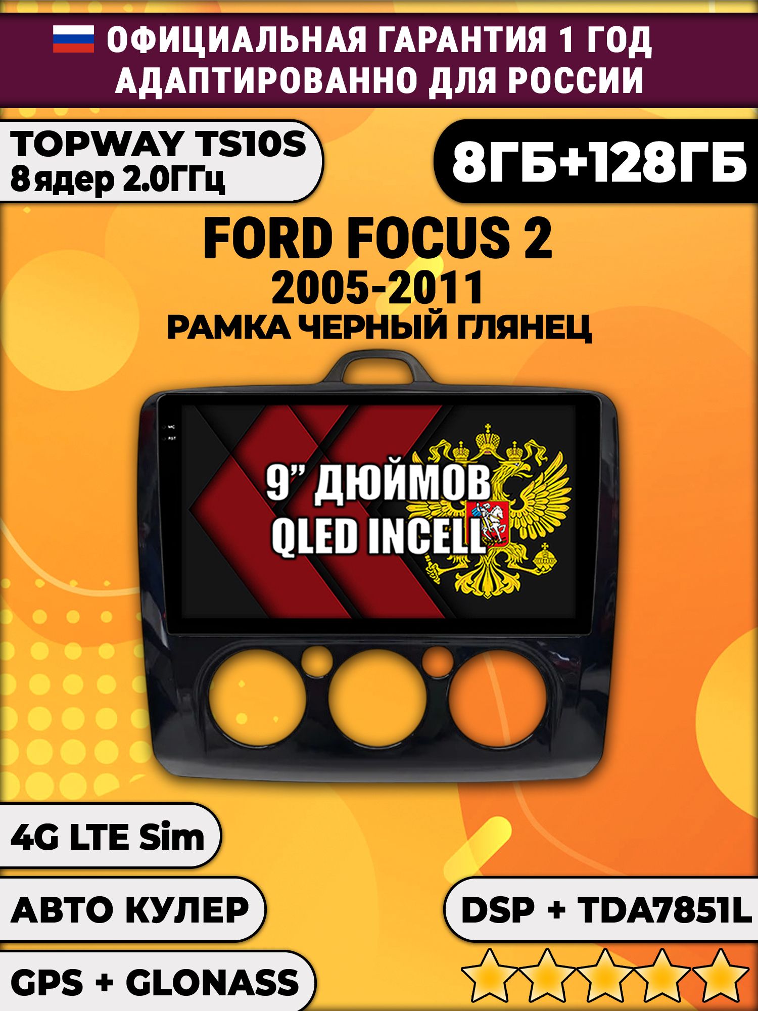 8 ядер TS105, память 8/128гб для FORD FOCUS 2 (2005 2006 2007 2008 2009 2010 2011) Форд Фокус, Android магнитола - Рамка под кондиционер - черная глянцевая