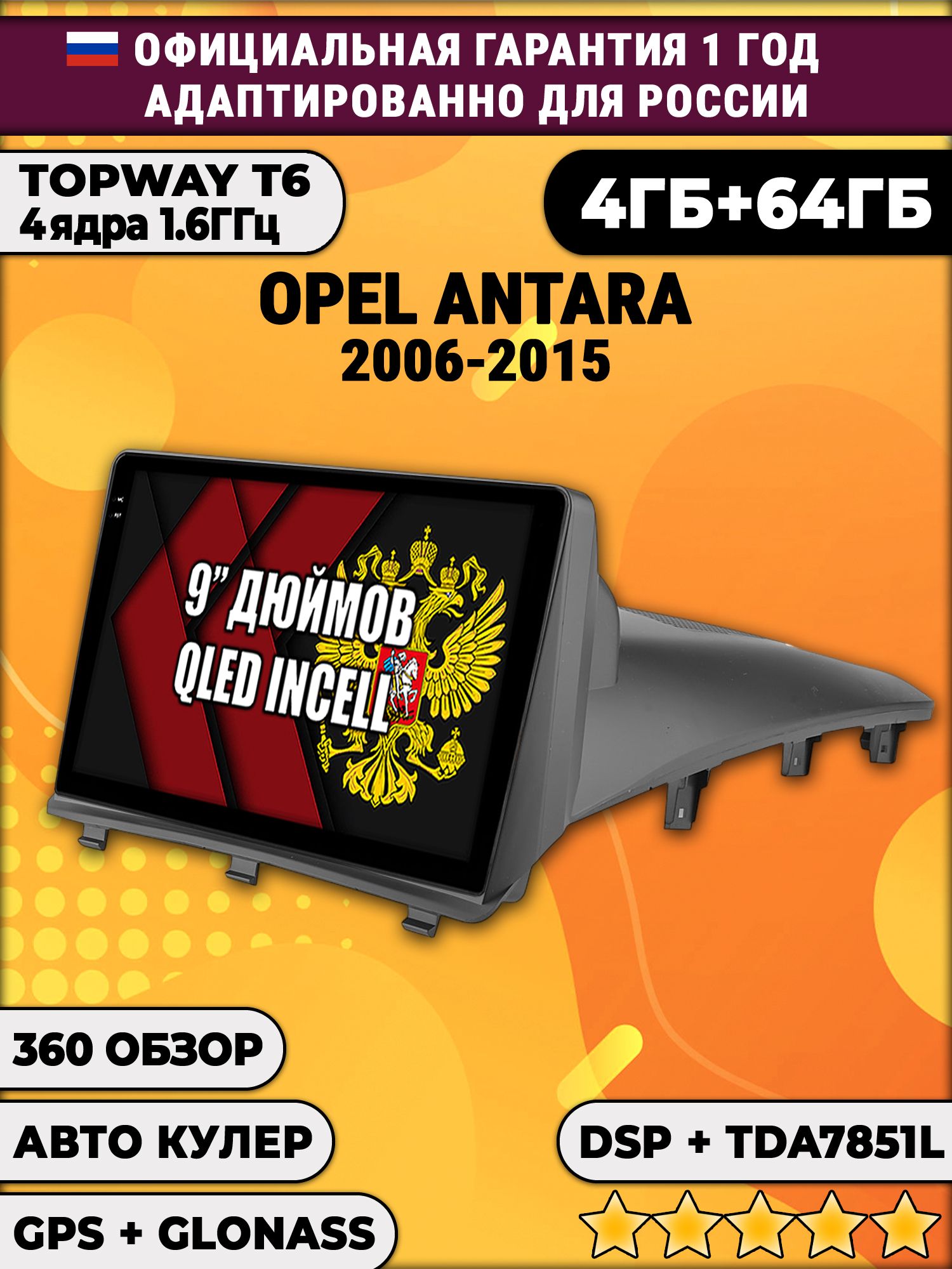 4гб+64гб с DSP для OPEL ANTARA (2006-2015), Android магнитола, без слота под симку, усилитель звука TDA7851 и поддержка 360 камер