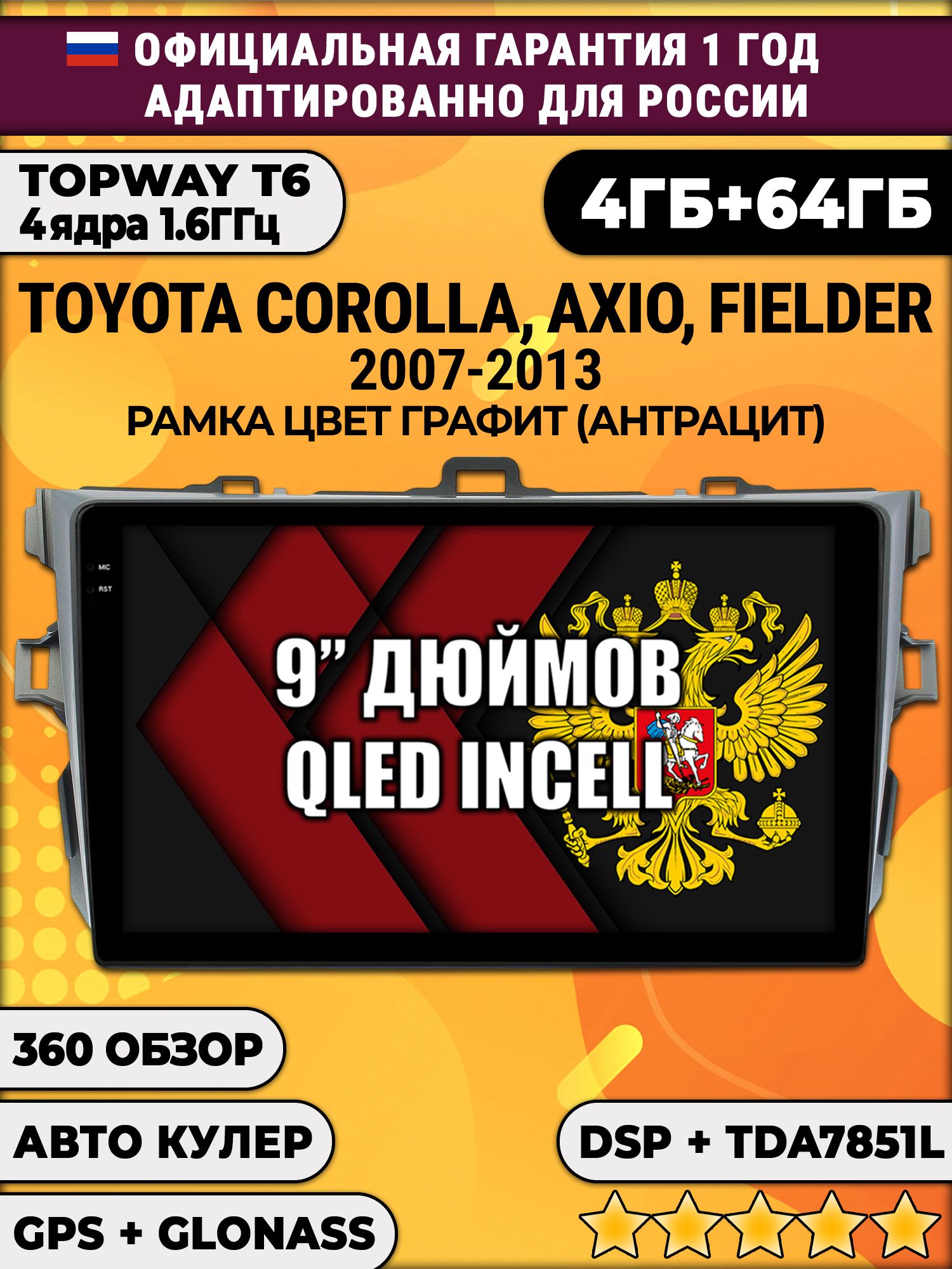 4гб+64гб с DSP для TOYOTA COROLLA (2007-2013), рамка серая, Android магнитола, без слота под симку, усилитель звука TDA7851 и поддержка 360 камер