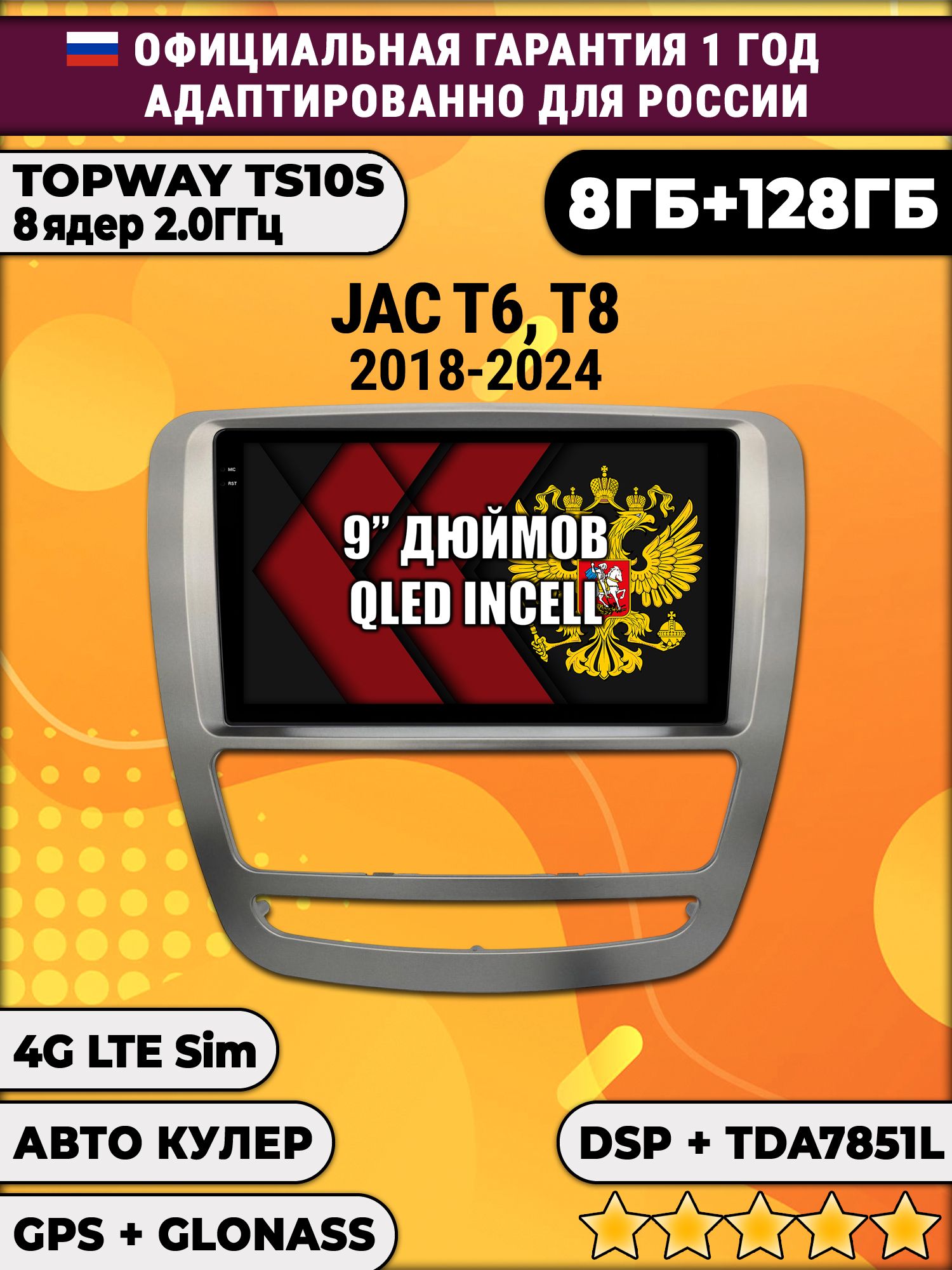 8 ядер TS105, память 8/128гб для JAC T6 T8 (2018-2024), Android магнитола