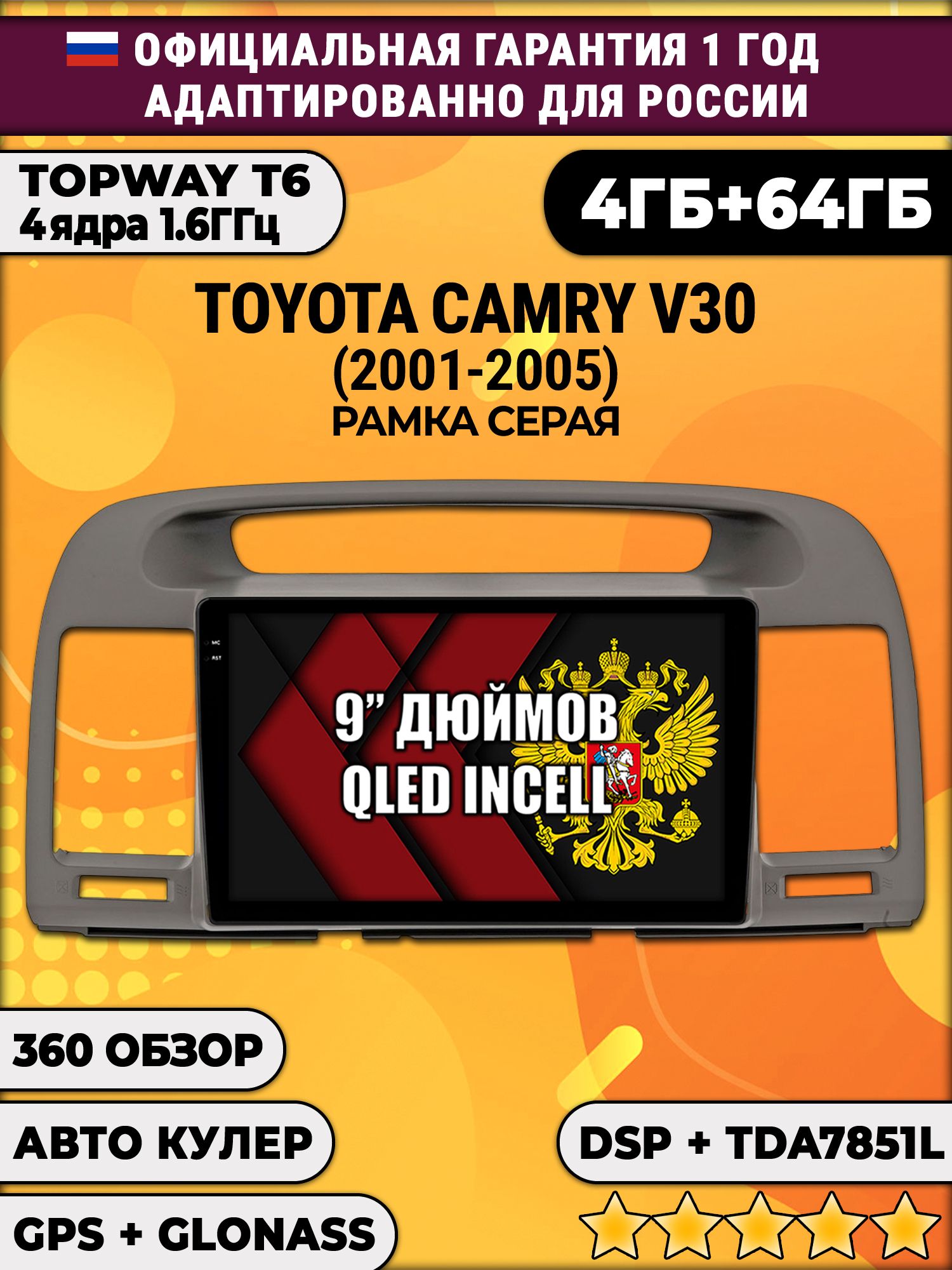 4гб+64гб с DSP для TOYOTA CAMRY V30 (2001-2005), Android магнитола, без слота под симку, усилитель звука TDA7851 и поддержка 360 камер