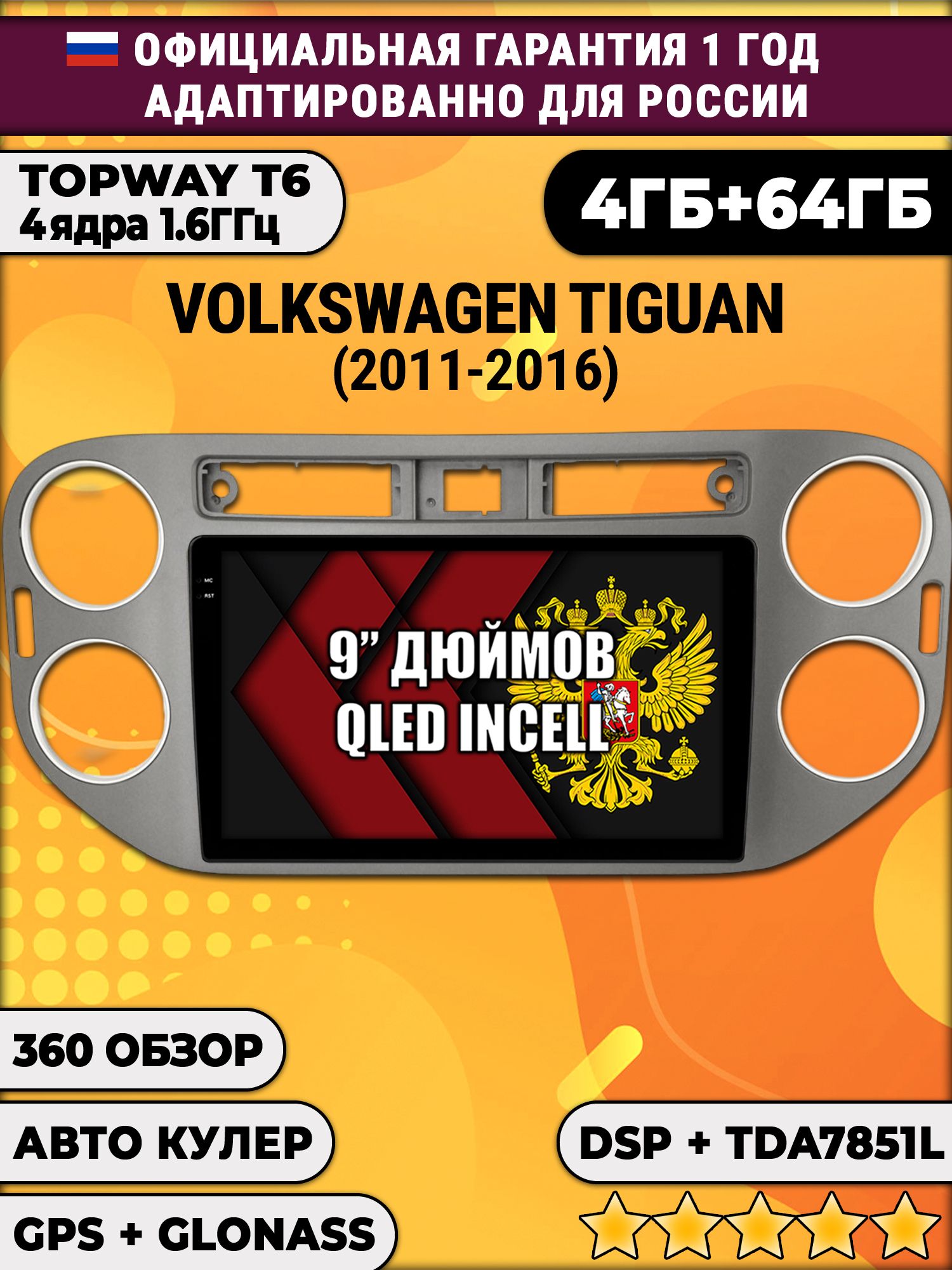 4гб+64гб с DSP для VOLKSWAGEN TIGUAN (2011-2016), квадратная аварийка, рамка темно серая, Android магнитола, без слота под симку, усилитель звука TDA7851 и поддержка 360 камер