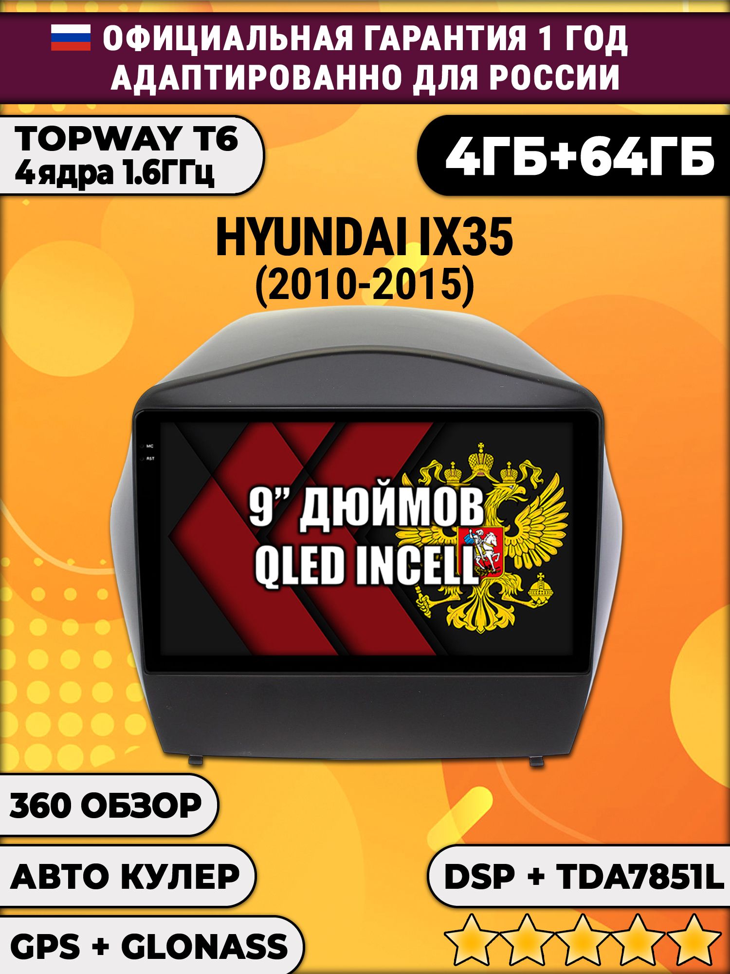 4гб+64гб с DSP для HYUNDAI IX35 (2010 2011 2012 2013 2014 2015), для комплектации без штатной родной навигации, Android магнитола, без слота под симку, усилитель звука TDA7851 и поддержка 360 камер