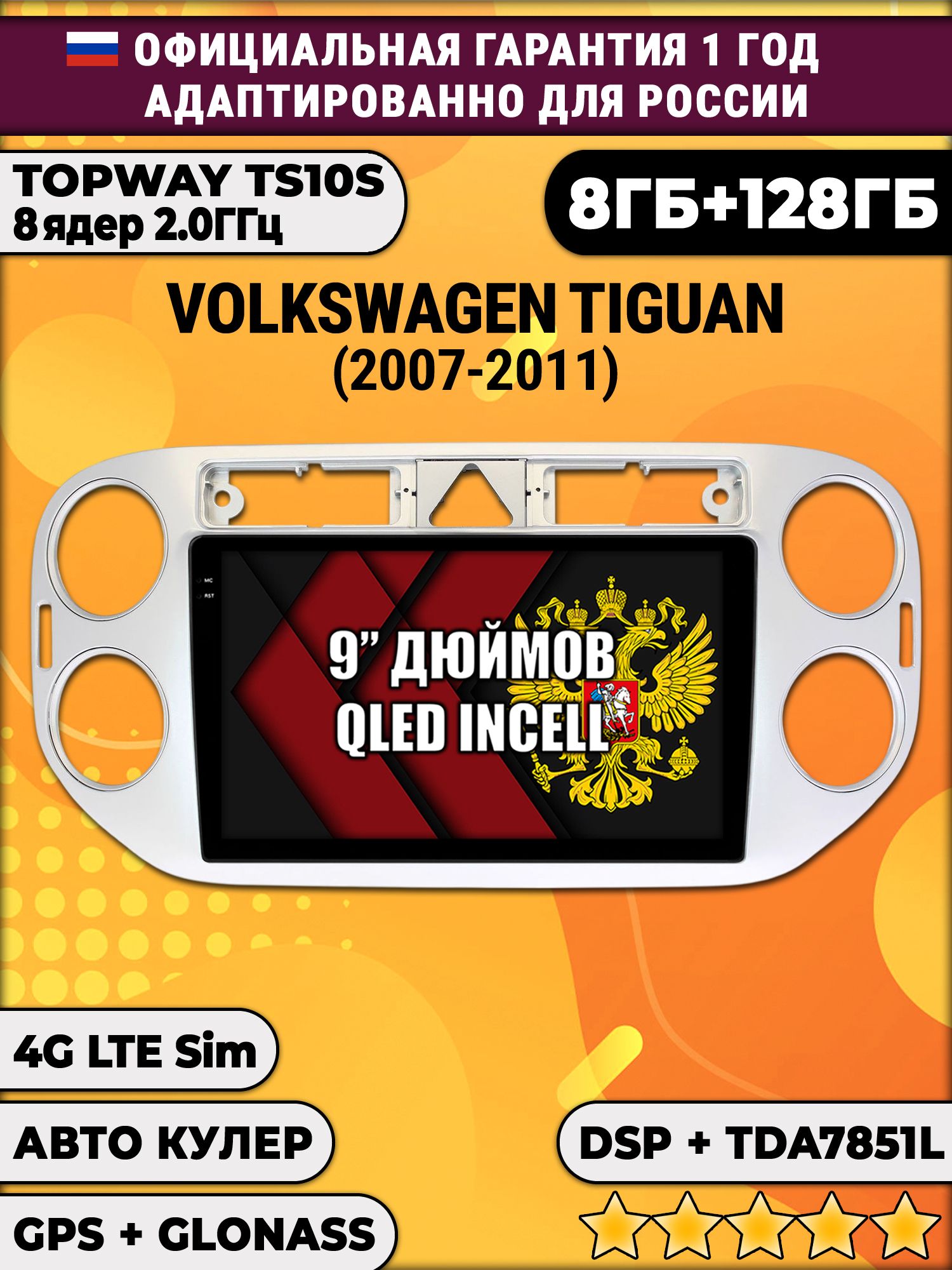 8 ядер TS105, память 8/128гб для VOLKSWAGEN TIGUAN (2007-2011) Треугольная аварийка, Android магнитола