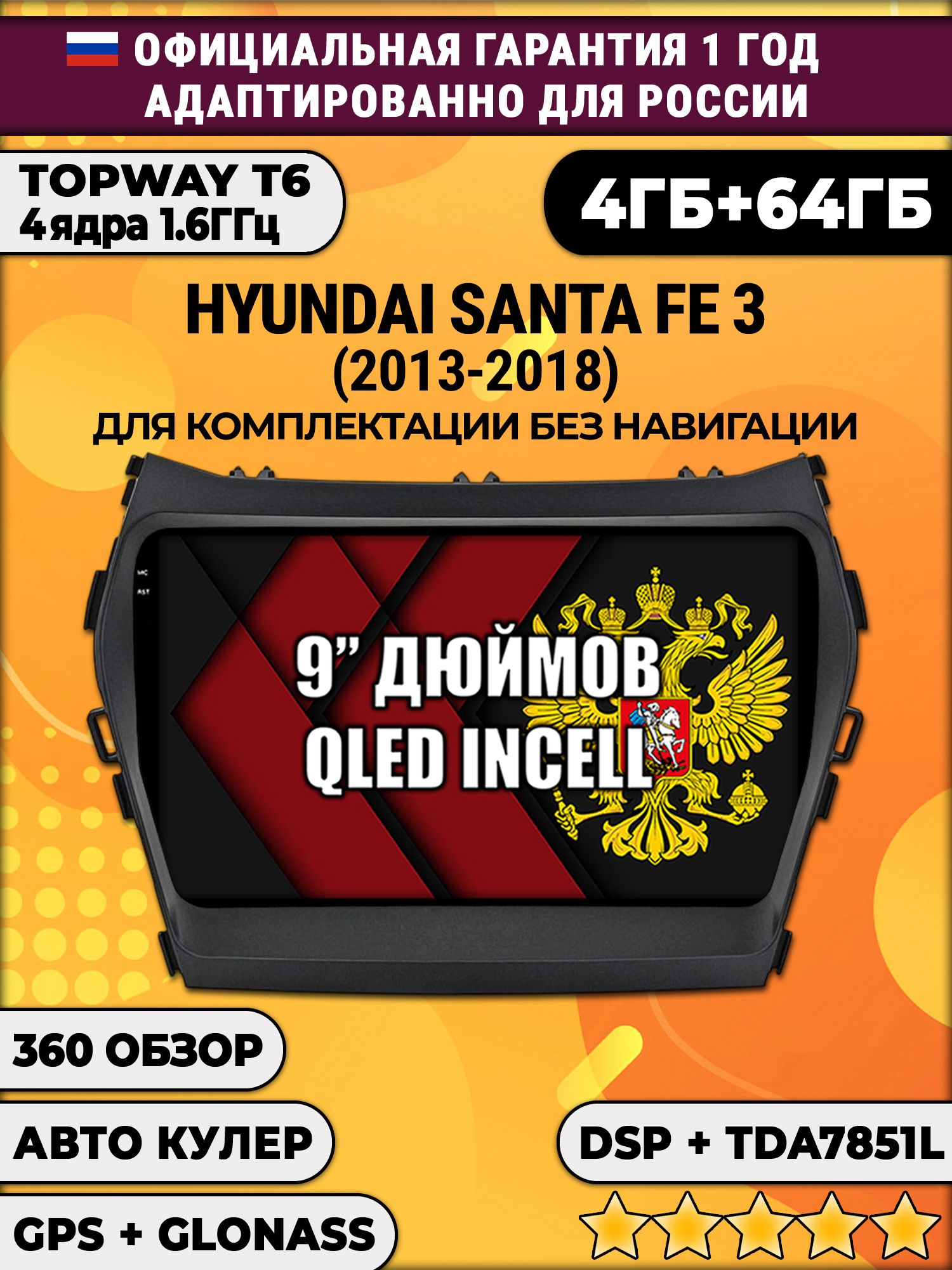 4гб+64гб с DSP для HYUNDAI SANTA FE 3 (2013-2018), Android магнитола, без слота под симку, усилитель звука TDA7851 и поддержка 360 камер