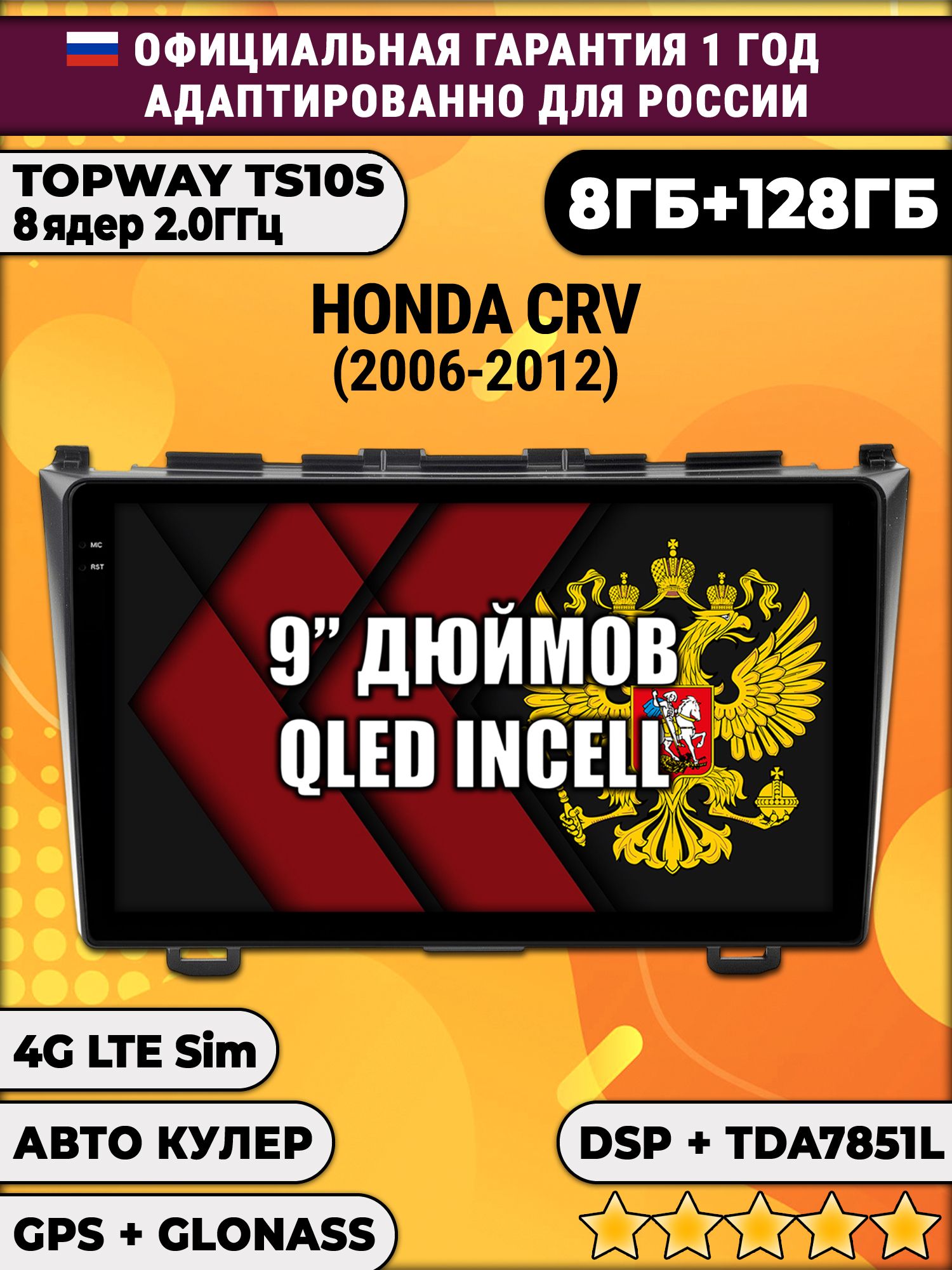 8 ядер TS105, память 8/128гб для HONDA CRV 3 (2006-2012), Android магнитола