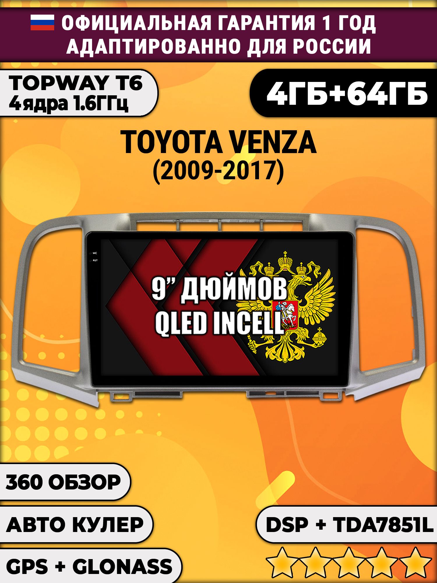 4гб+64гб с DSP для TOYOTA VENZA (2009-2017), Android магнитола, без слота под симку, усилитель звука TDA7851 и поддержка 360 камер