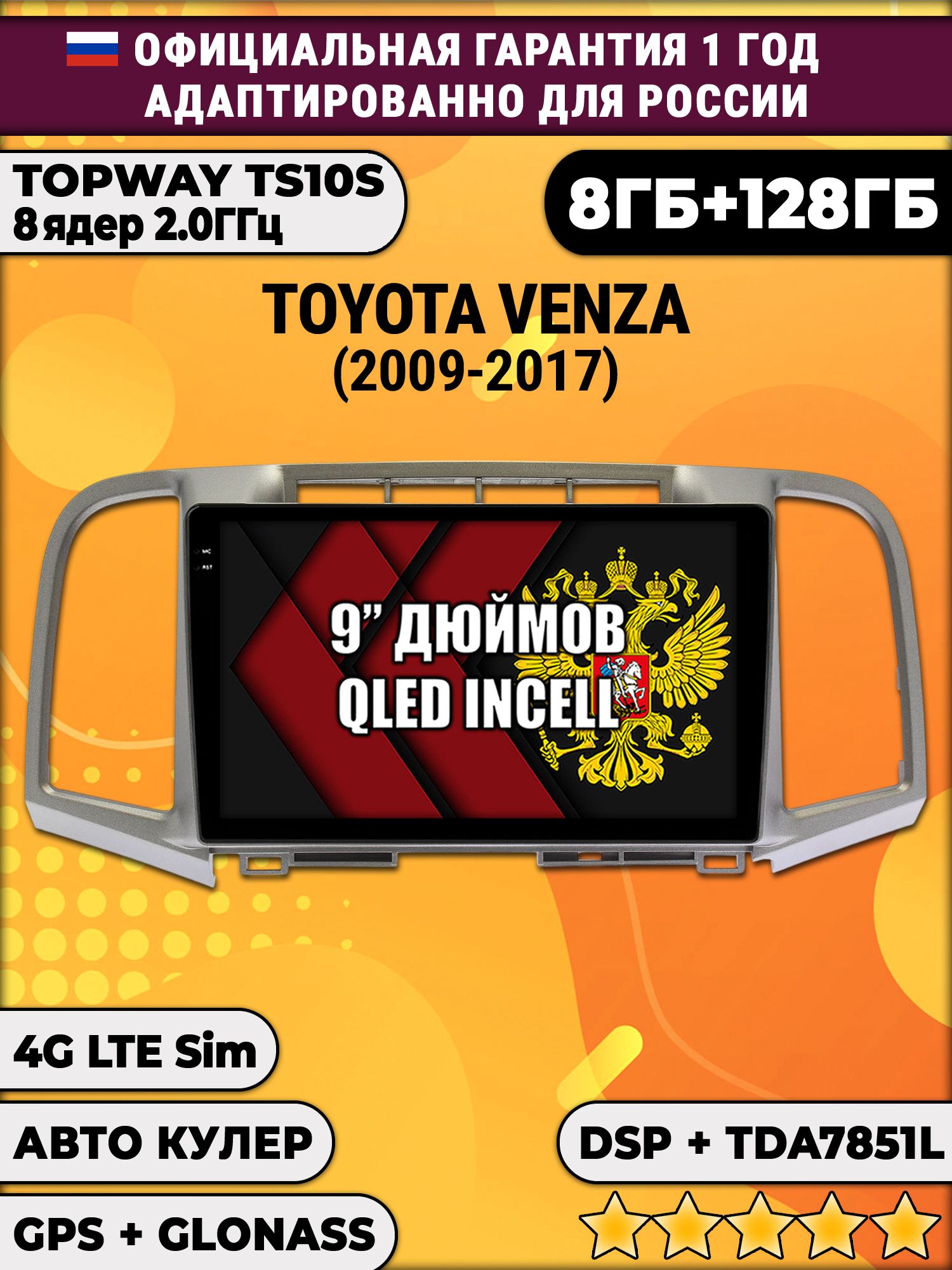 8 ядер TS105, память 8/128гб для TOYOTA VENZA (2009-2017), Android магнитола