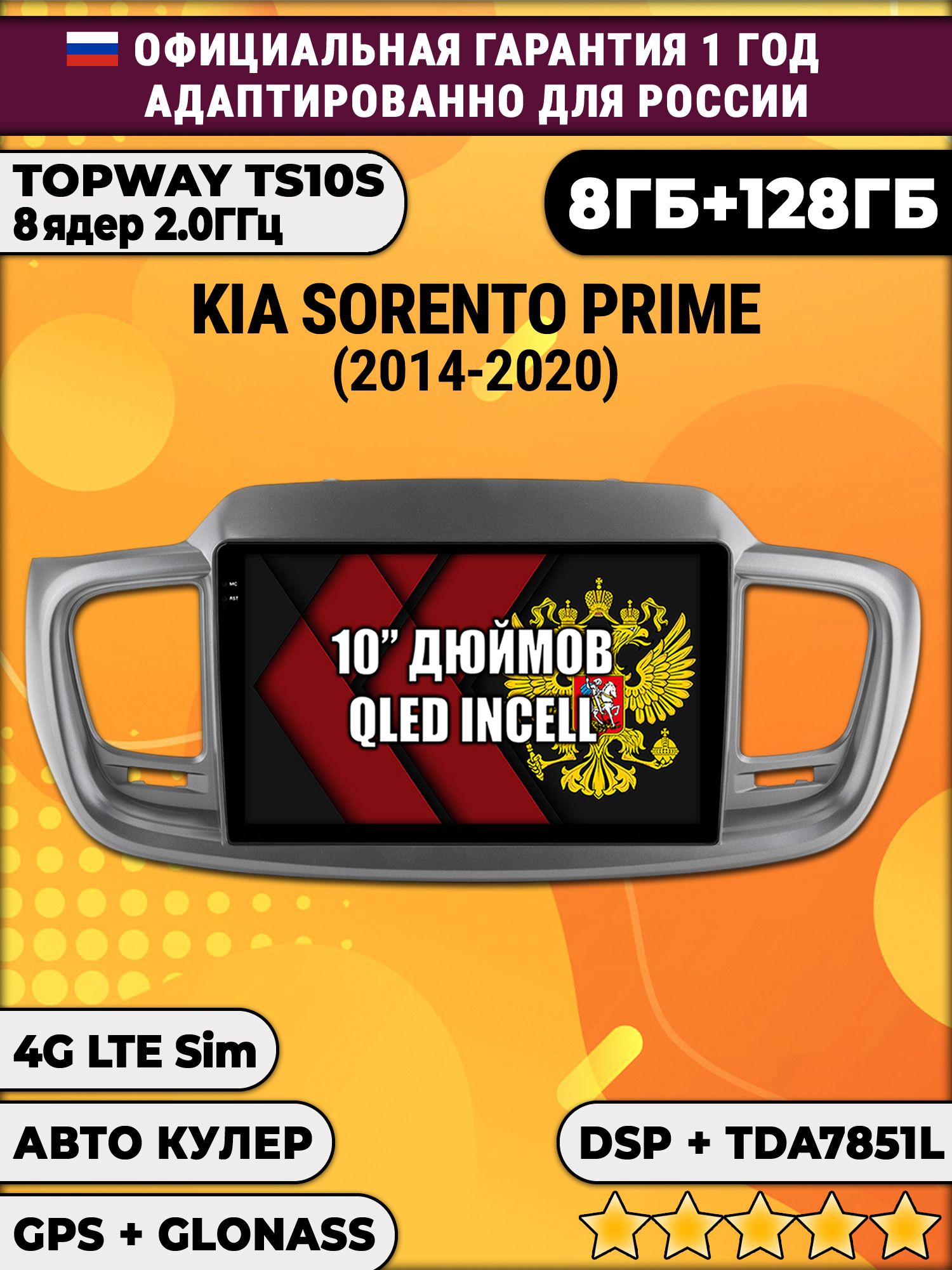 8 ядер TS105, 8/128гб для KIA SORENTO PRIME (2014-2020), Android магнитола