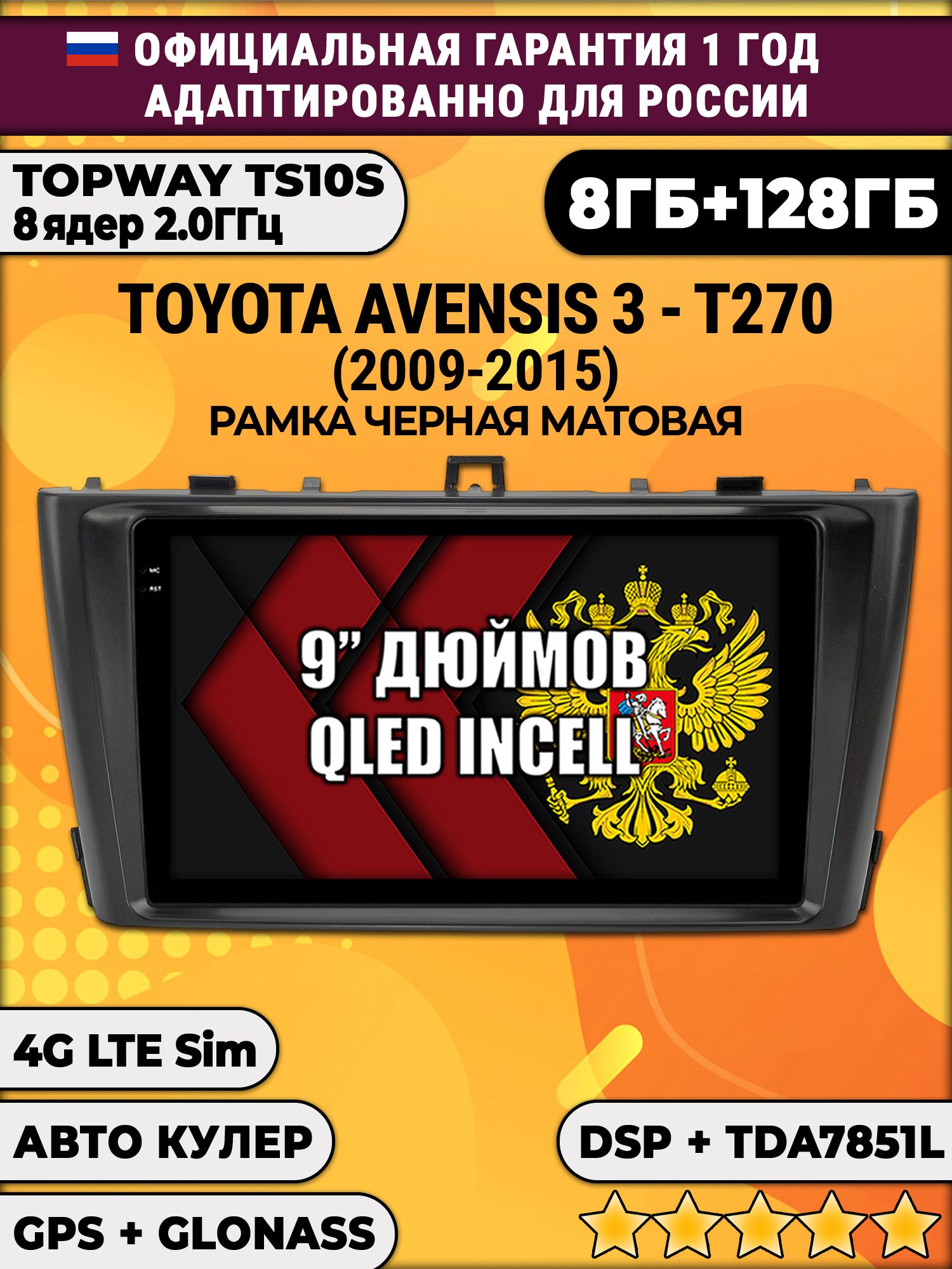 8 ядер TS105, память 8/128гб для TOYOTA AVENSIS 3 T270 (2009-2015), Android магнитола